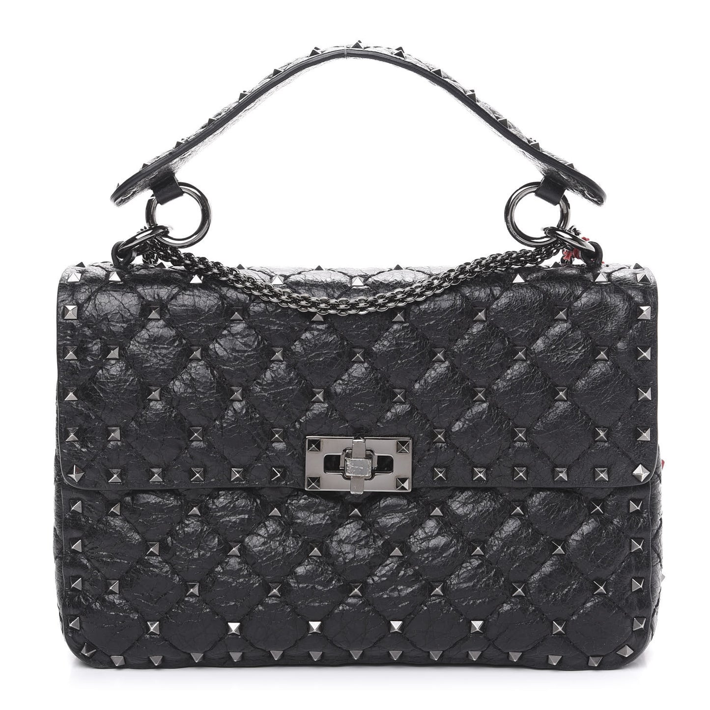 Craquele Nappa Medium Rockstud Spike Shoulder Bag Black