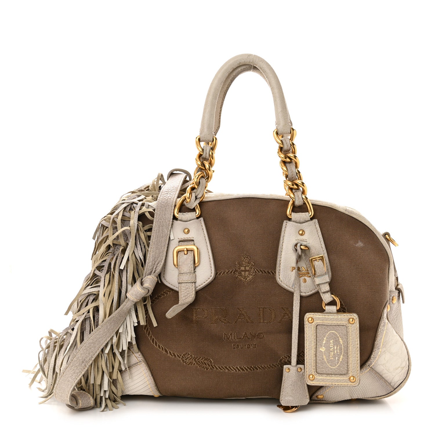 Prada Jacquard Logo Cervo Fringe Bowler Corda Talco 1 of 25