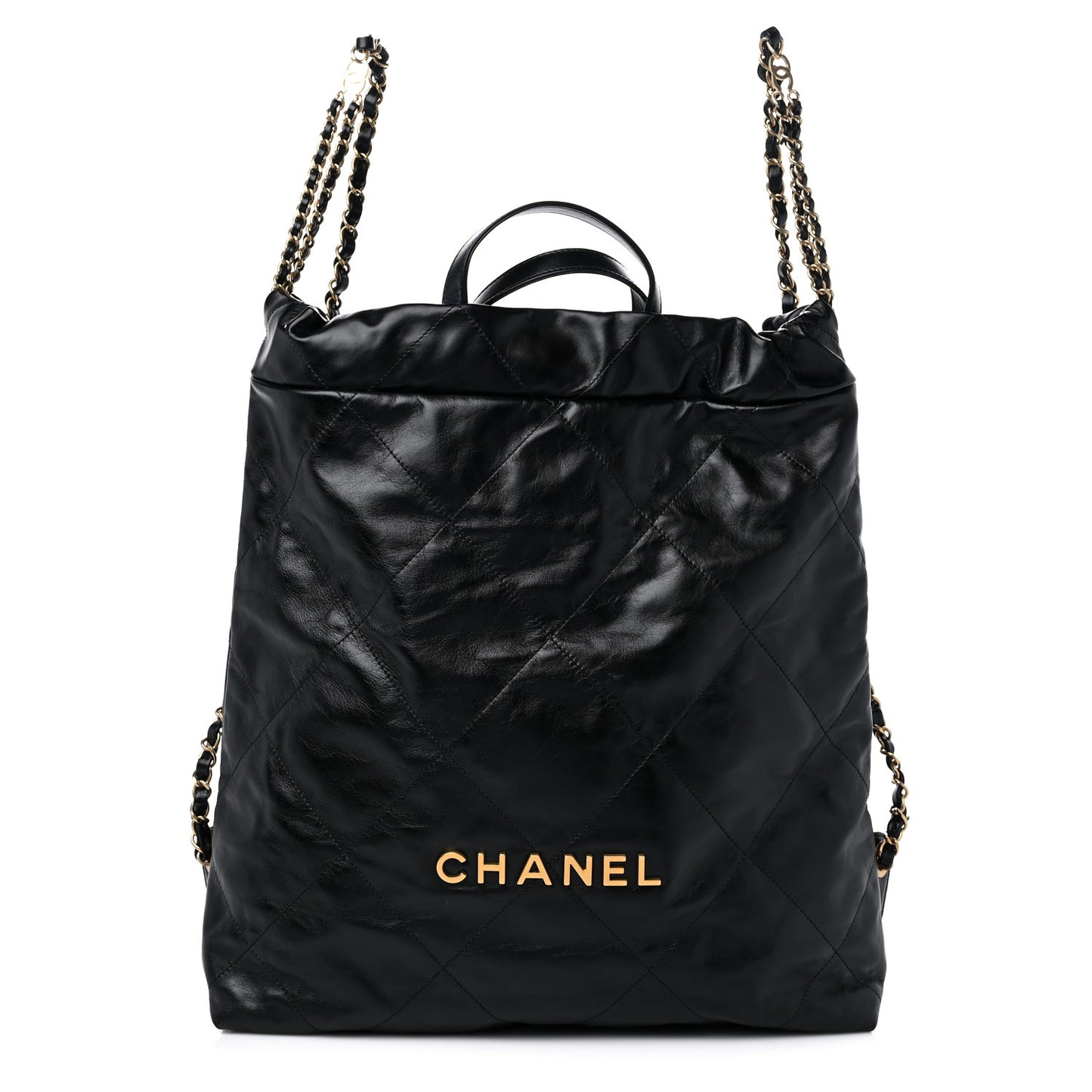 Shiny Calfskin Quilted Chanel 22 Backpack Black