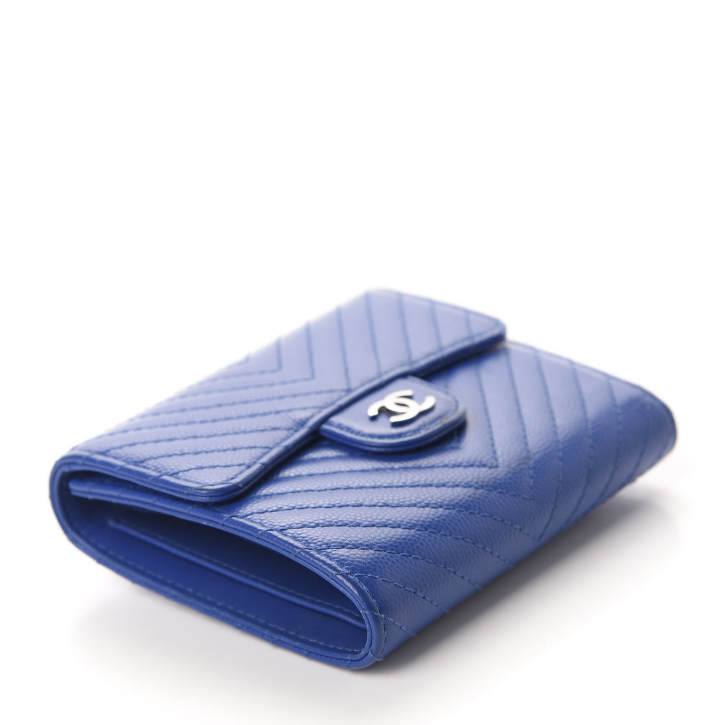 Caviar Chevron Quilted Compact Flap Wallet Bright Blue
