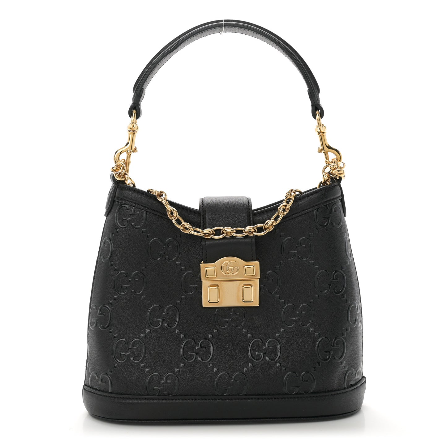 Wonka Grain Calfskin GG Monogram Debossed Small Padlock Shoulder Bag Black