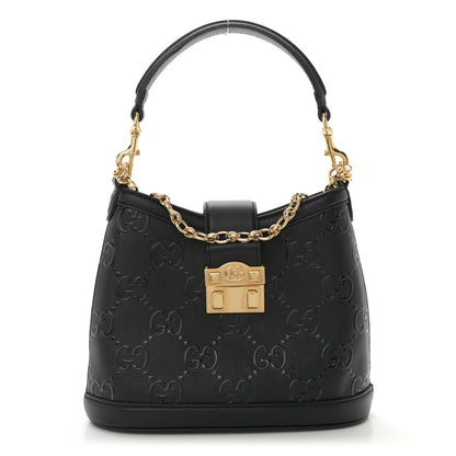 Gucci Wonka Grain Calfskin GG Monogram Debossed Small Padlock Shoulder Bag Black 1 of 10