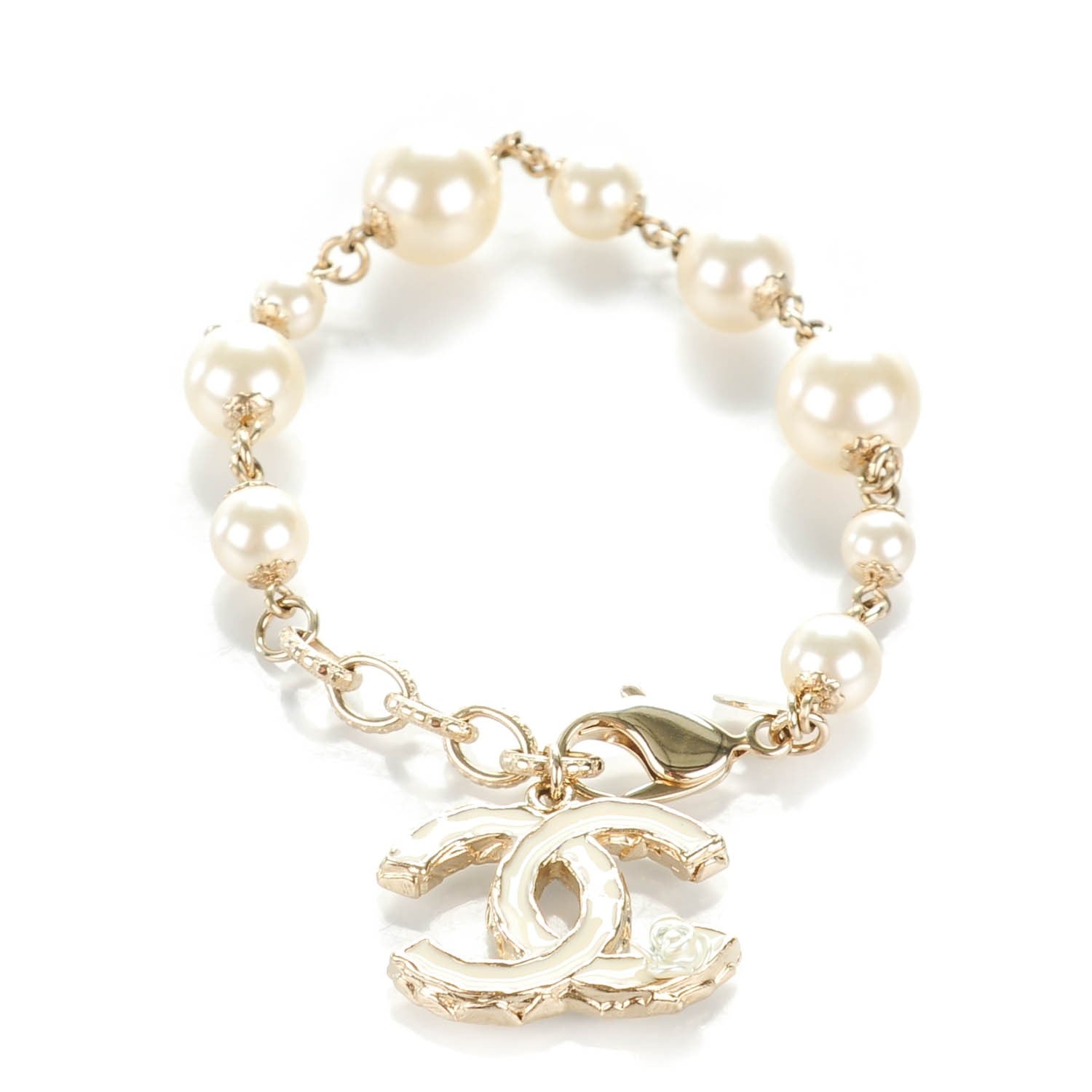 Chanel Enamel Pearl CC Camellia Bracelet Beige Gold 1 of 5