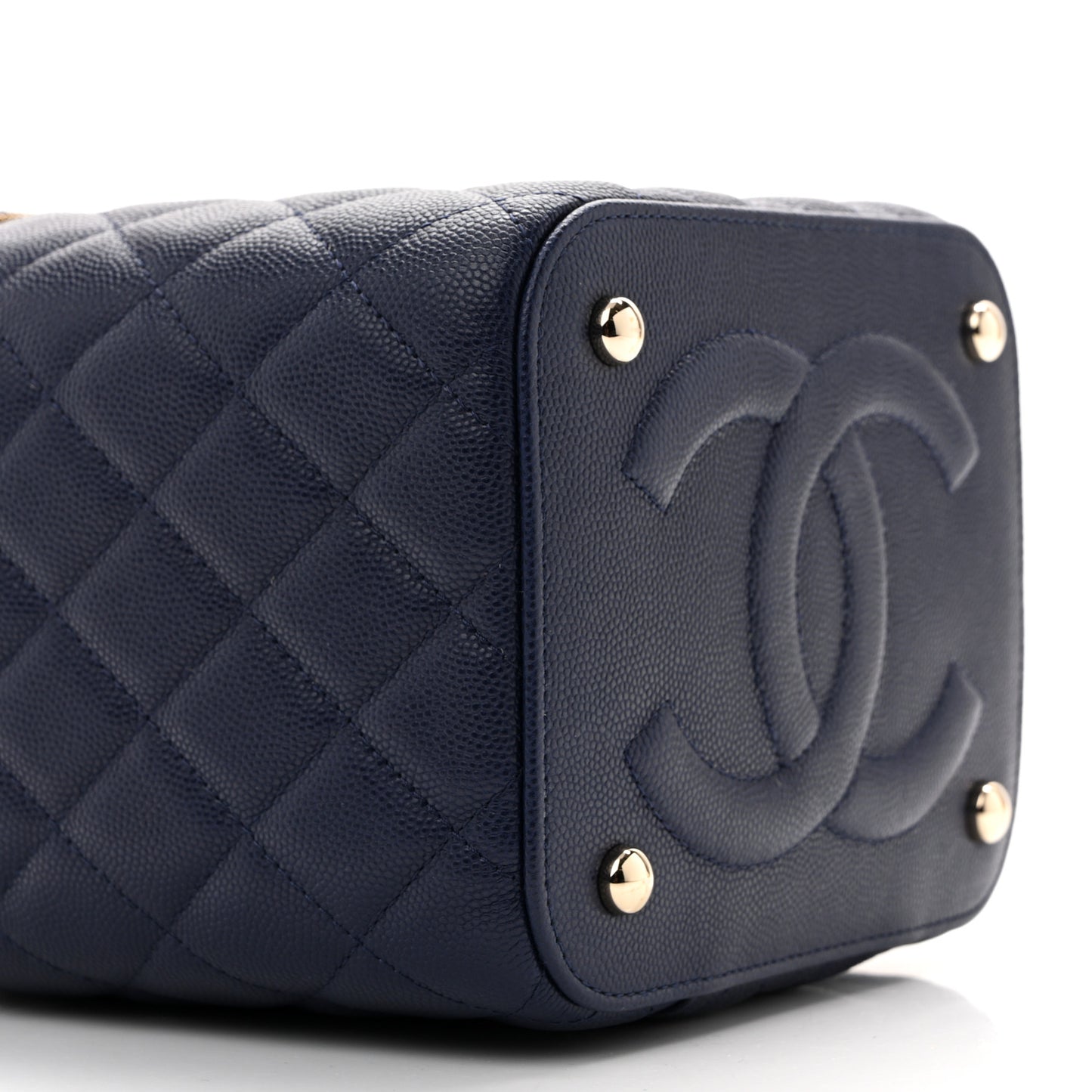 Caviar Quilted Small Top Handle Vanity Case With Chain Navy Blue