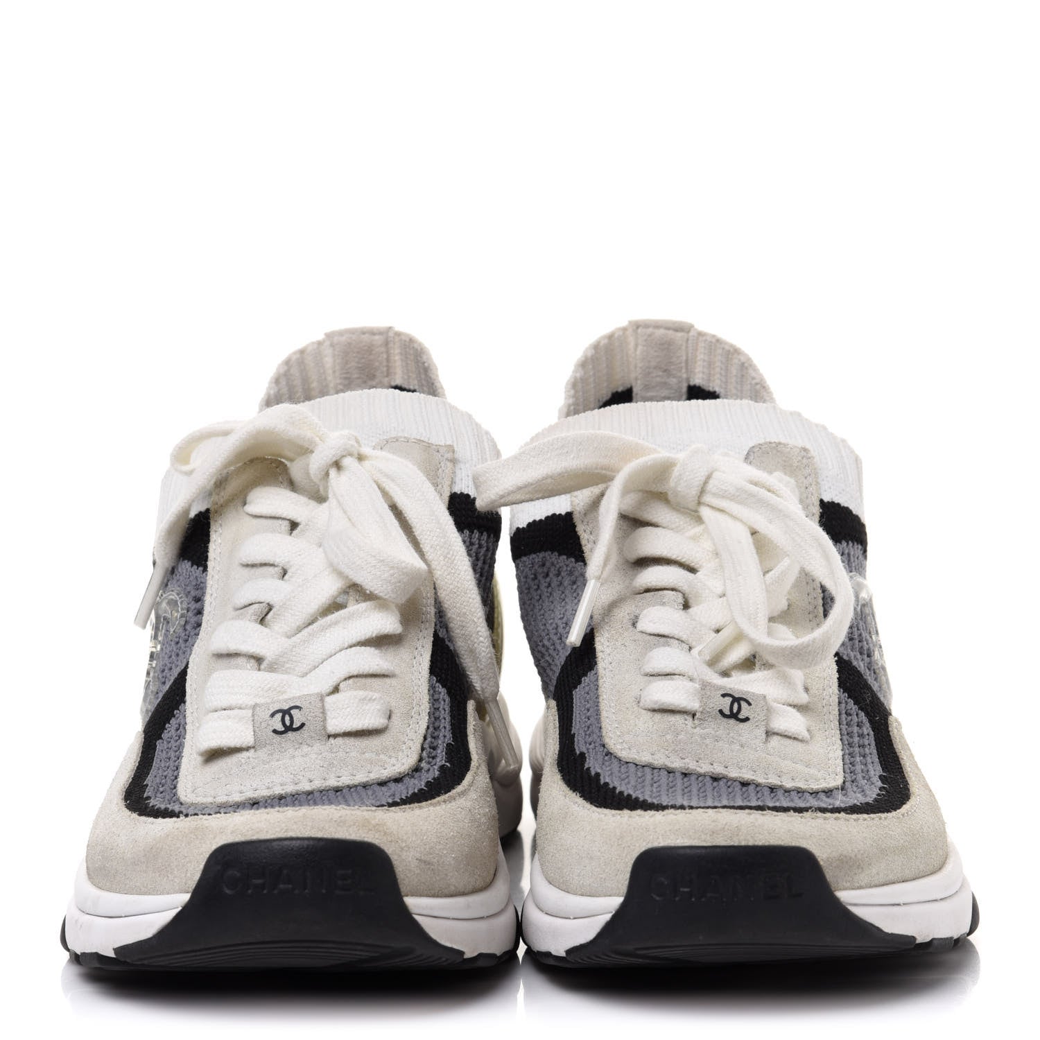 Chanel Fabric Suede Calfskin Stretch CC Sneakers Beige Black 2 of 8