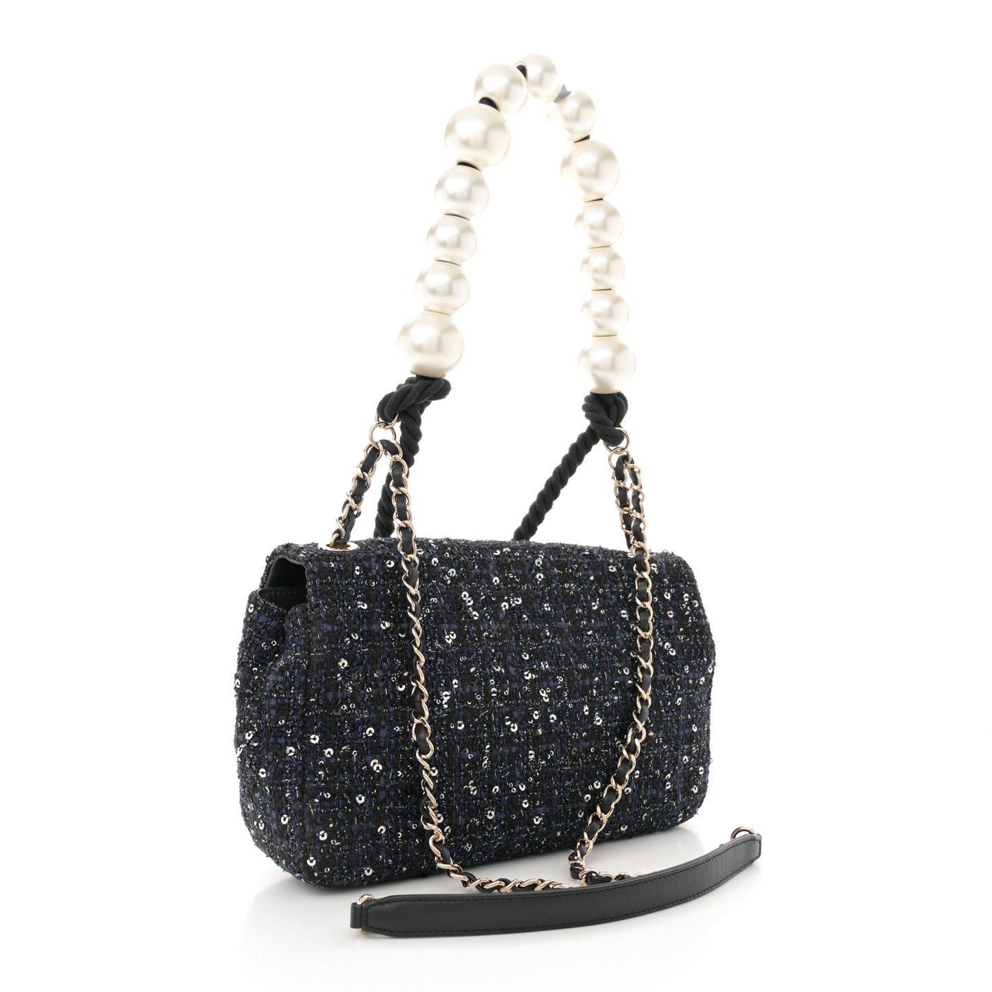 Tweed Medium Pearl Handle Flap Black Ecru