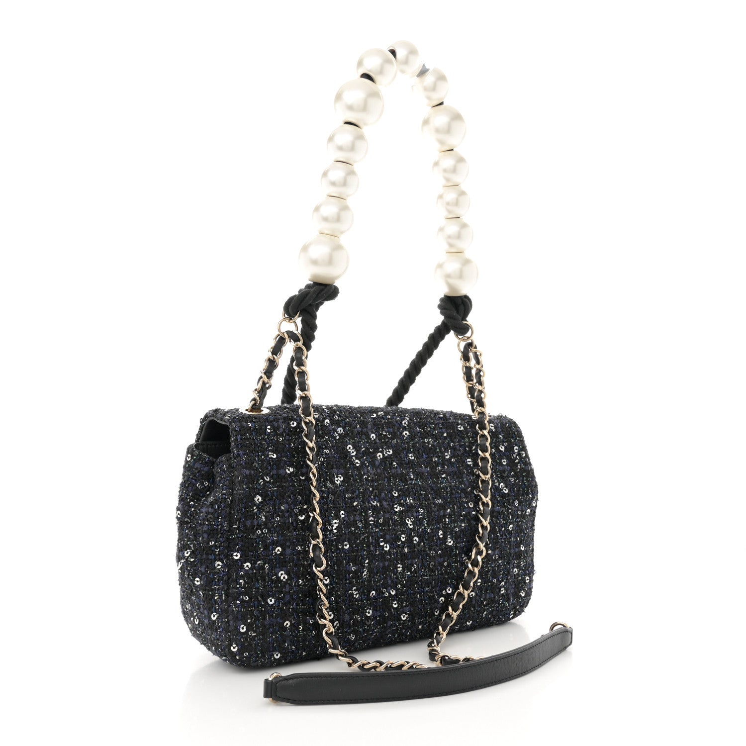 Chanel Tweed Medium Pearl Handle Flap Black Ecru 3 of 11