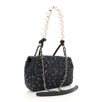 Chanel Tweed Medium Pearl Handle Flap Black Ecru 3 of 11