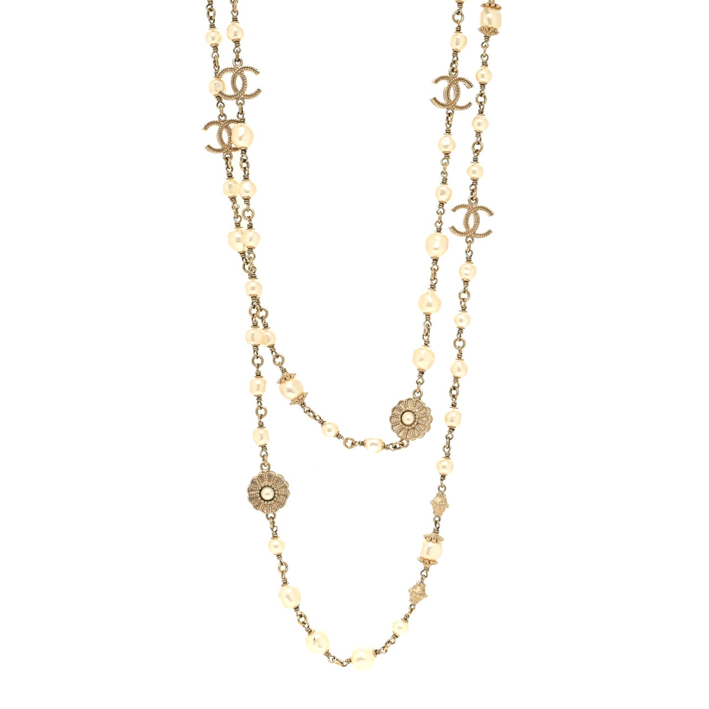 Pearl CC Flower Long Necklace White Gold