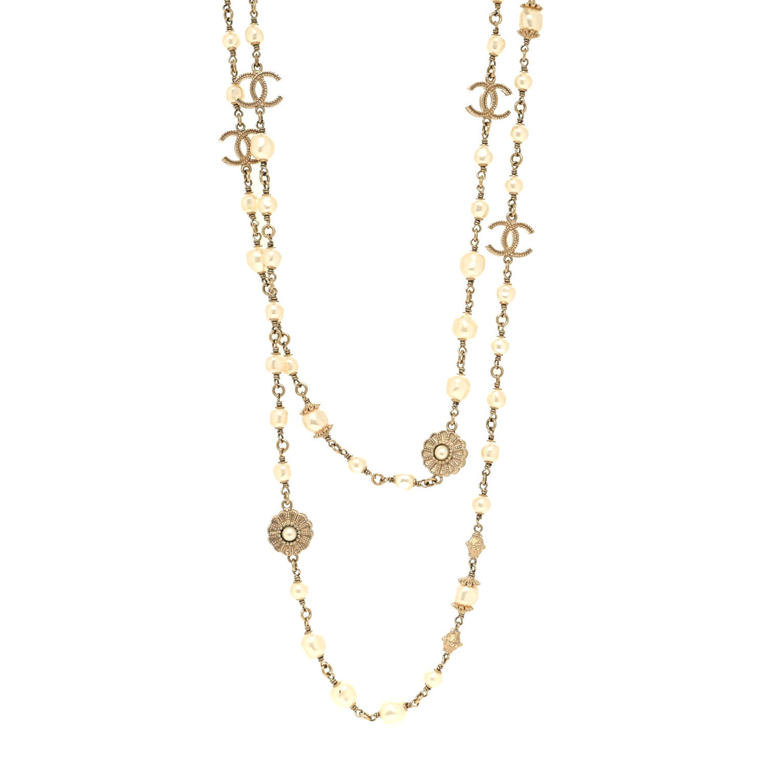 Chanel Pearl CC Flower Long Necklace White Gold 1 of 5
