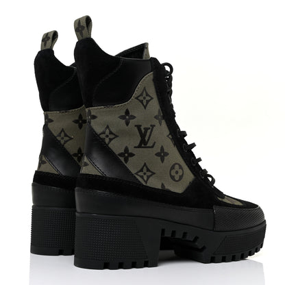 Louis Vuitton Suede Monogram Laureate Platform Desert Boots 37 Kaki Black 4 of 10