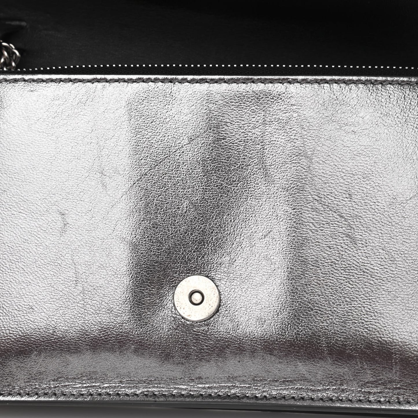 Metallic Lambskin Logo Chain Wallet Silver