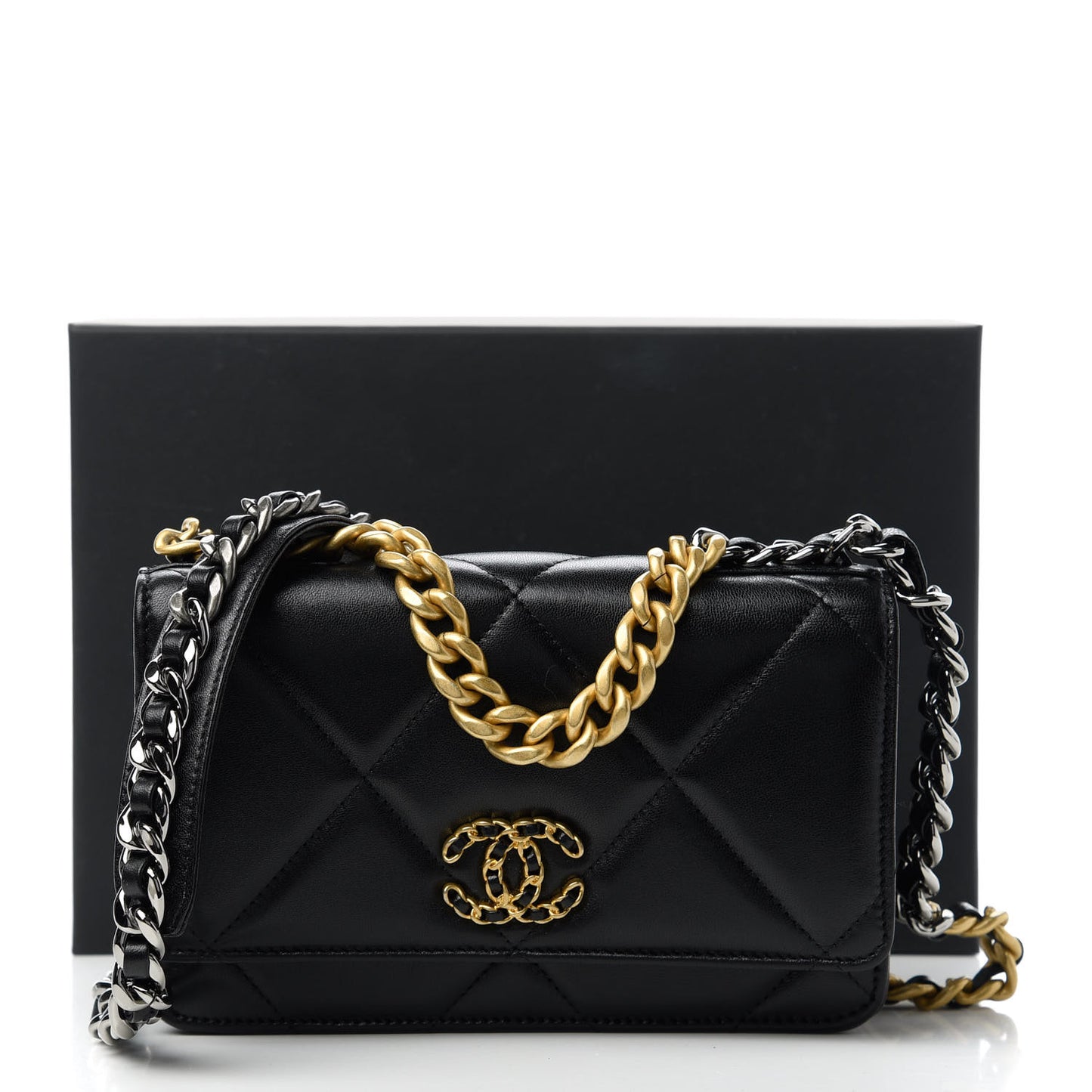 Goatskin Quilted Chanel 19 Wallet On Chain WOC Black