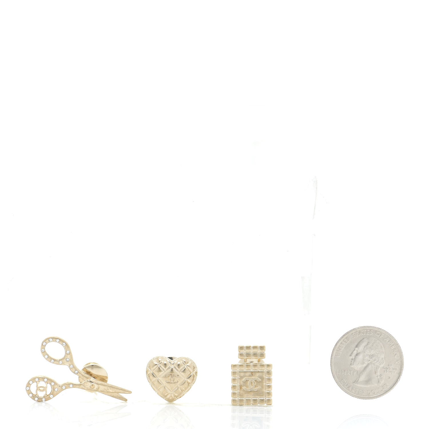 Chanel Metal Strass Crystal Quilted CC Heart Scissors Perfume Brooch Set Gold 2 of 6