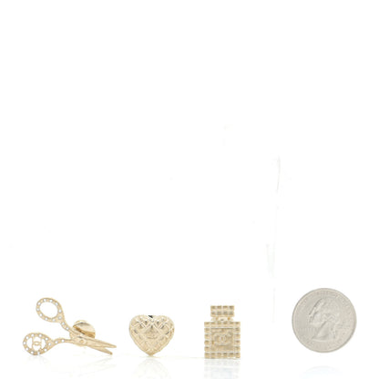 Chanel Metal Strass Crystal Quilted CC Heart Scissors Perfume Brooch Set Gold 2 of 6