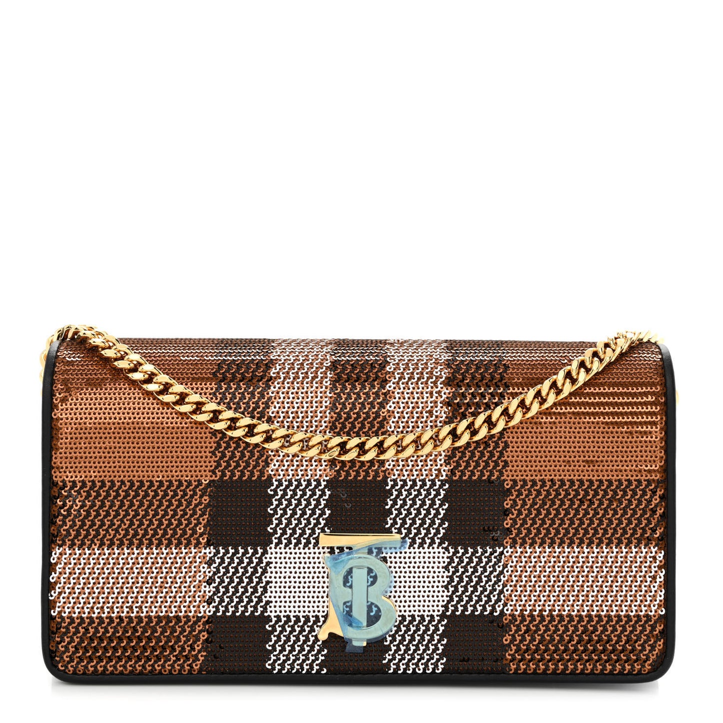 Calfskin Sequin Check Embellished TB Lola Chain Wallet Dark Birch