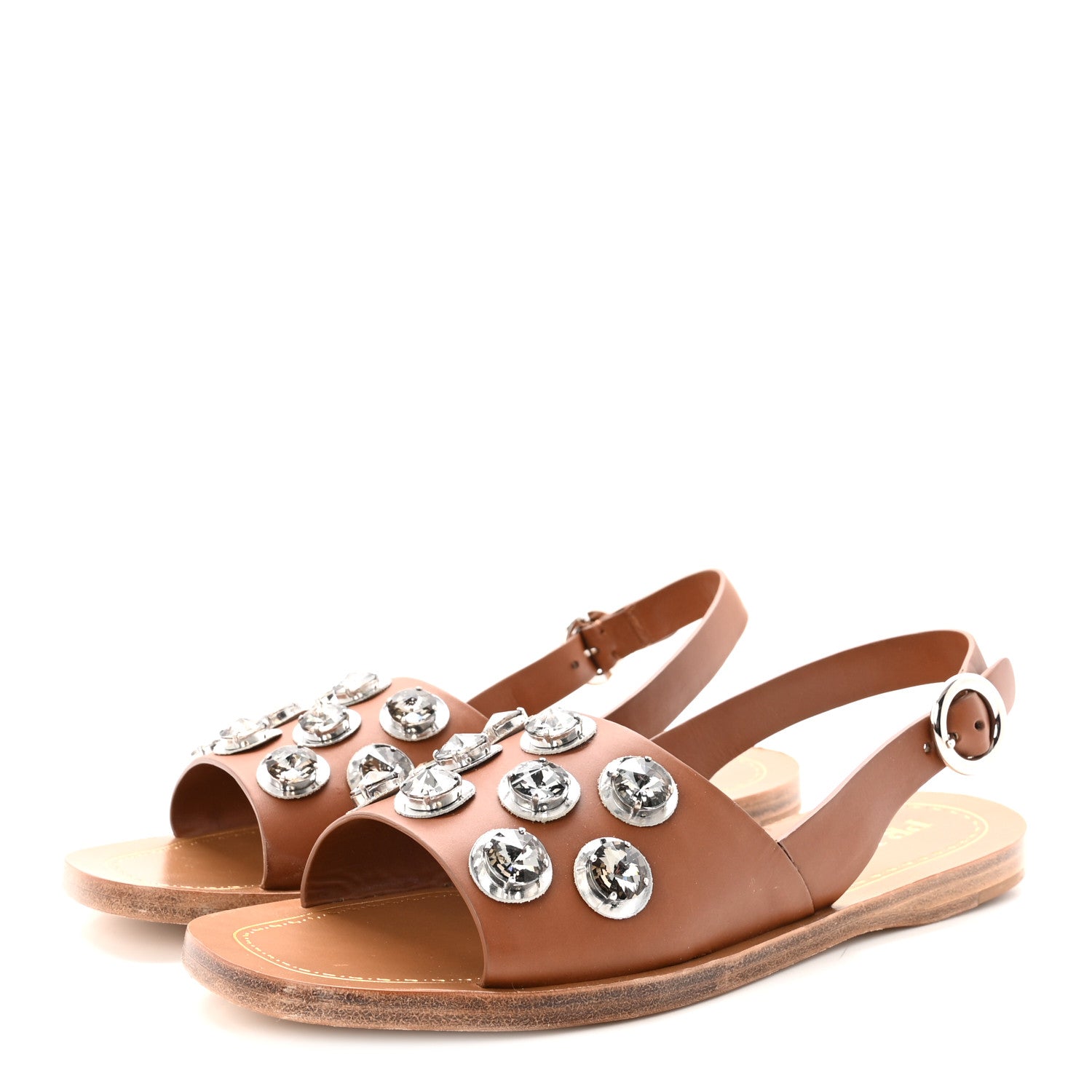 Prada Natural Calfskin Crystal Slingback Sandals 37.5 Brandy 4 of 9