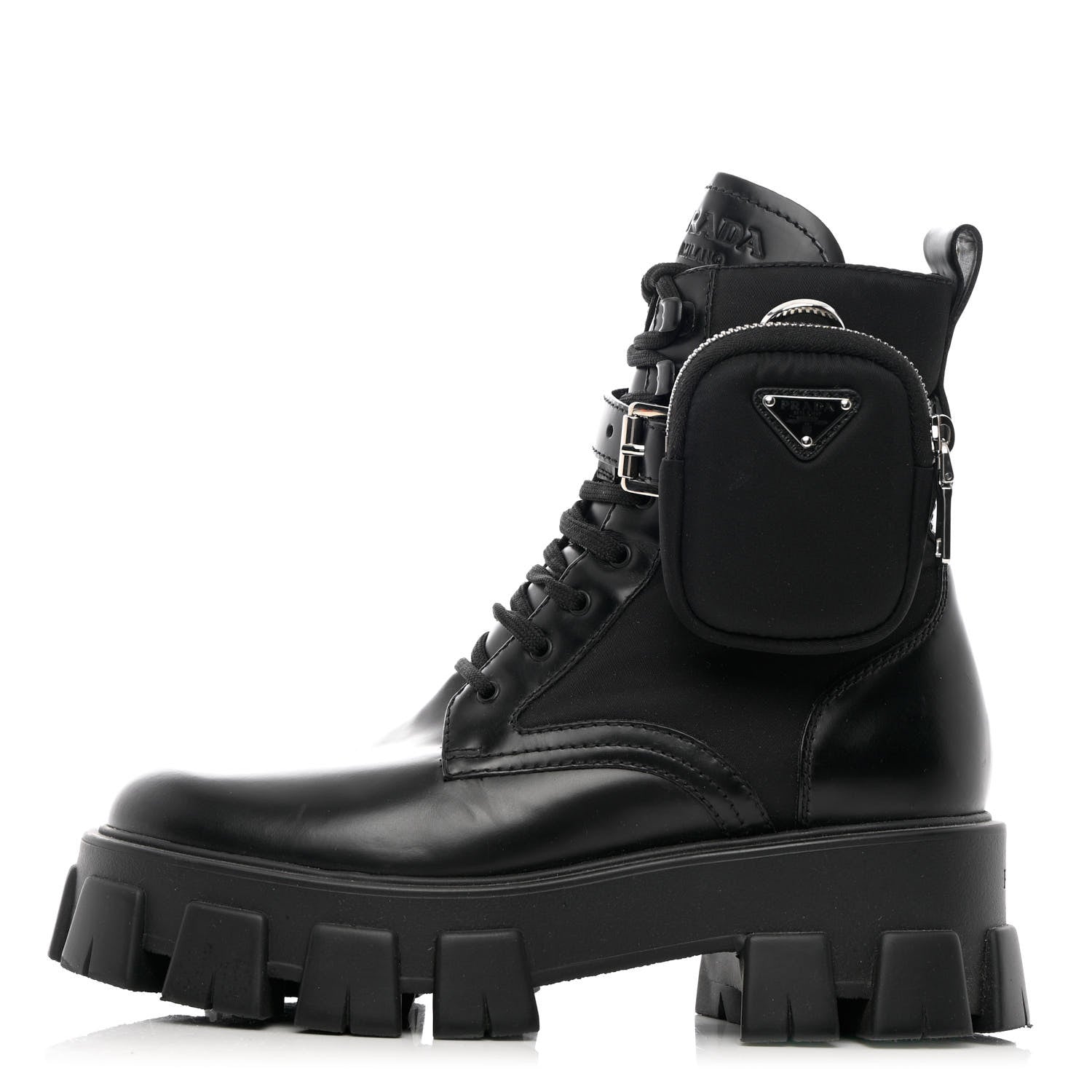 Prada Spazzolato Rois Nylon Metal Triangle Logo Monolith Pouch Pocket 55mm Boots 38.5 Black 1 of 14