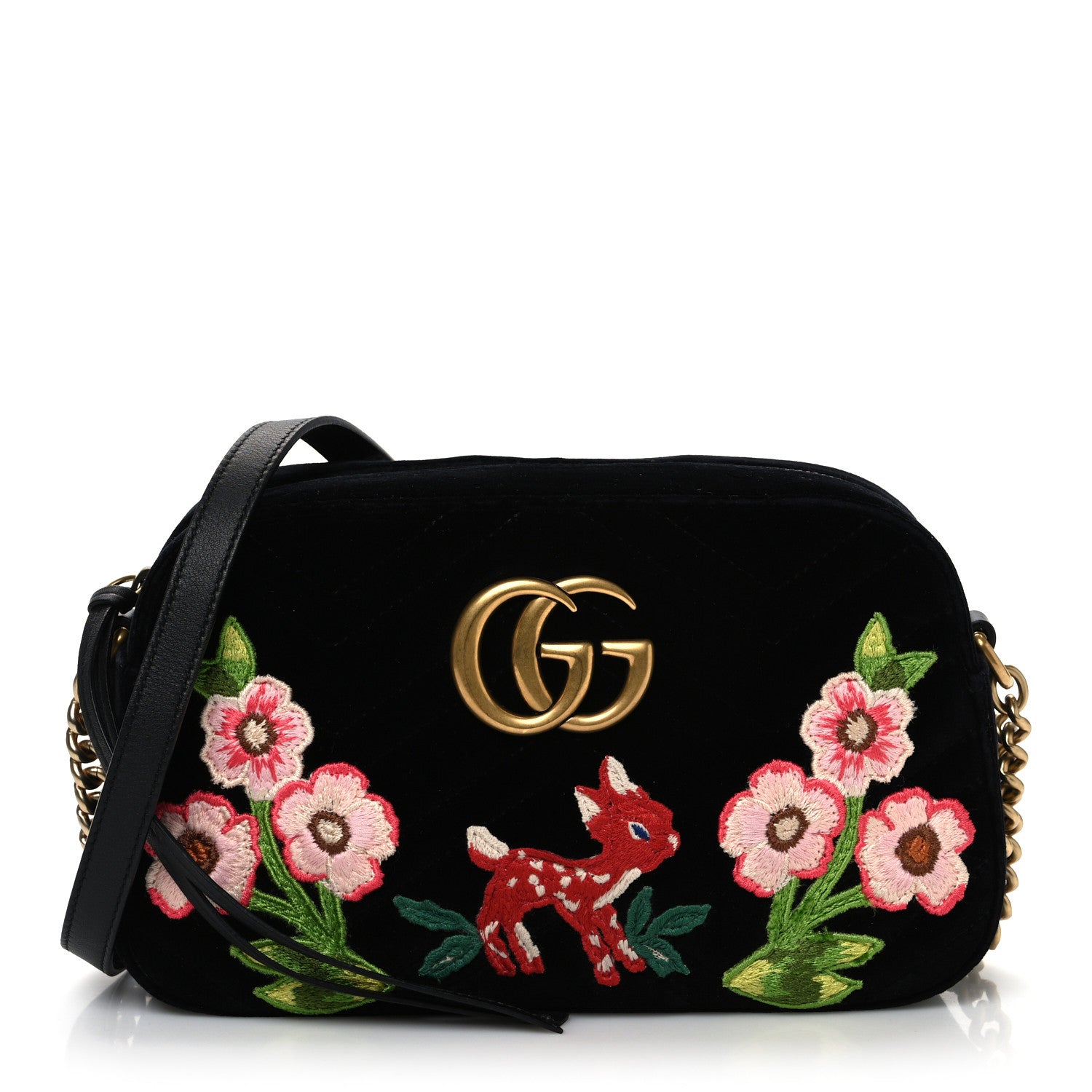 Gucci Velvet Matelasse Deer Embroidered Small GG Marmont Chain Shoulder Bag Black 1 of 10