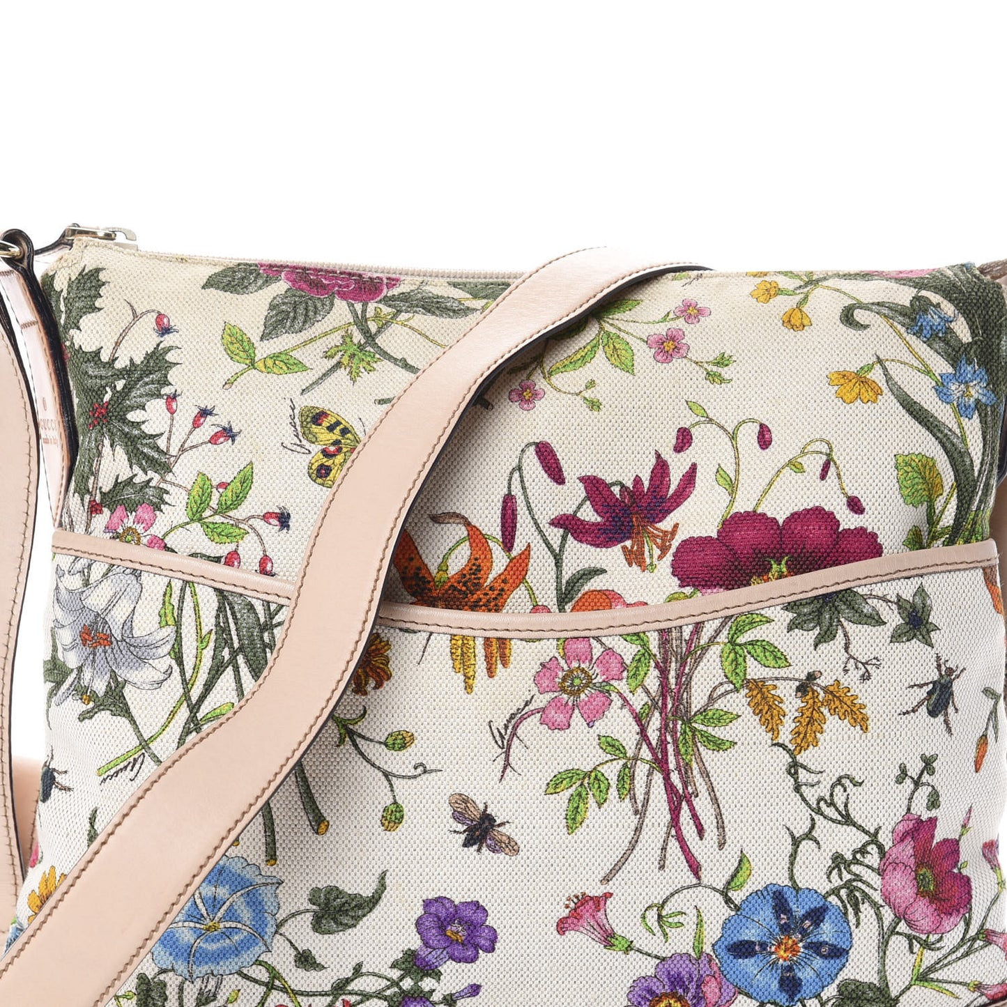 Canvas Calfskin Flora Perforated Medium Flat Messenger Bag White