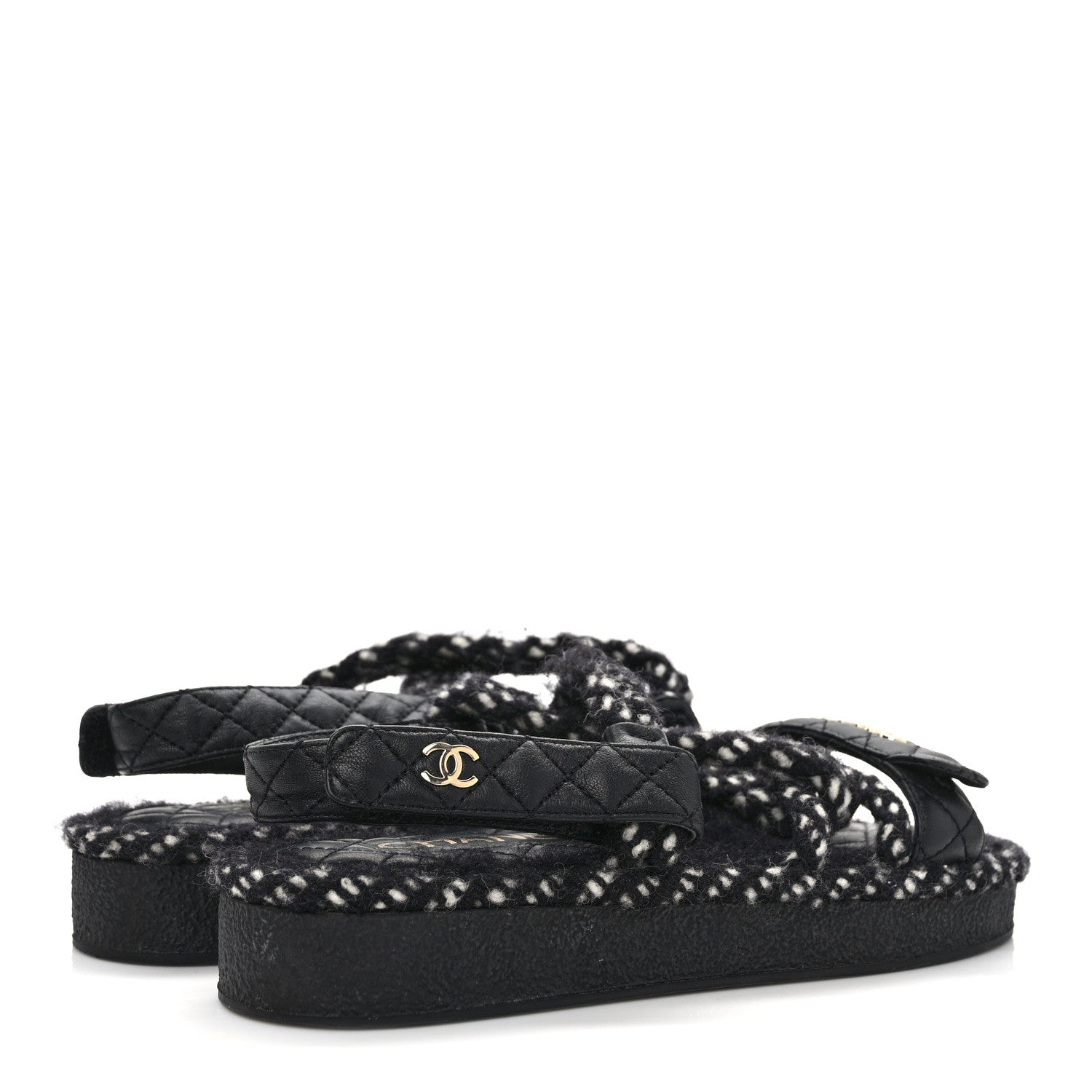 Chanel Cord Lambskin Quilted Logo Sandals 38 Black White 4 of 8