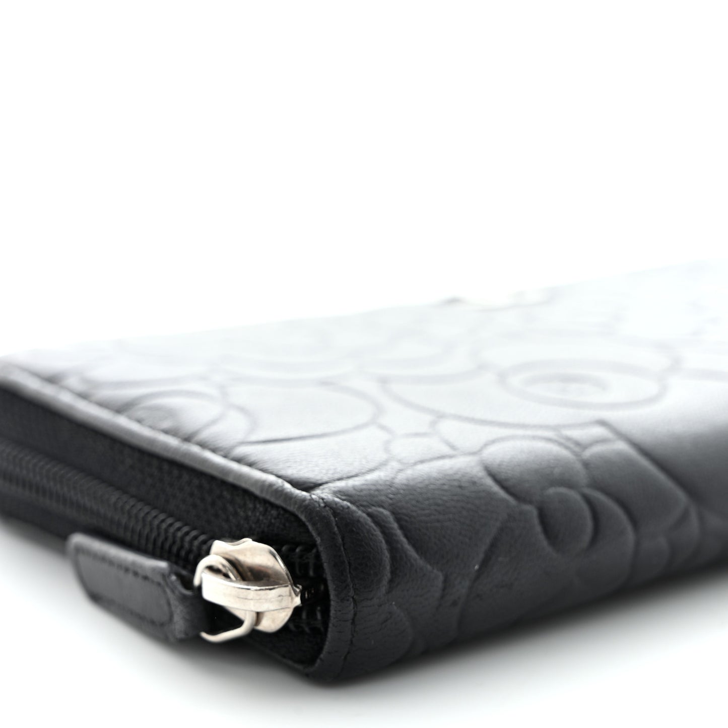 Lambskin Camellia Embossed Large Zip Around Gusset Wallet Black