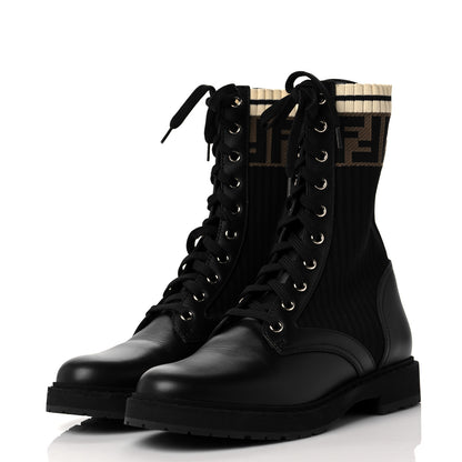 Fendi Calfskin Stretch Fabric Rockoko Biker Boots 37.5 Tobacco Black Marino 3 of 9