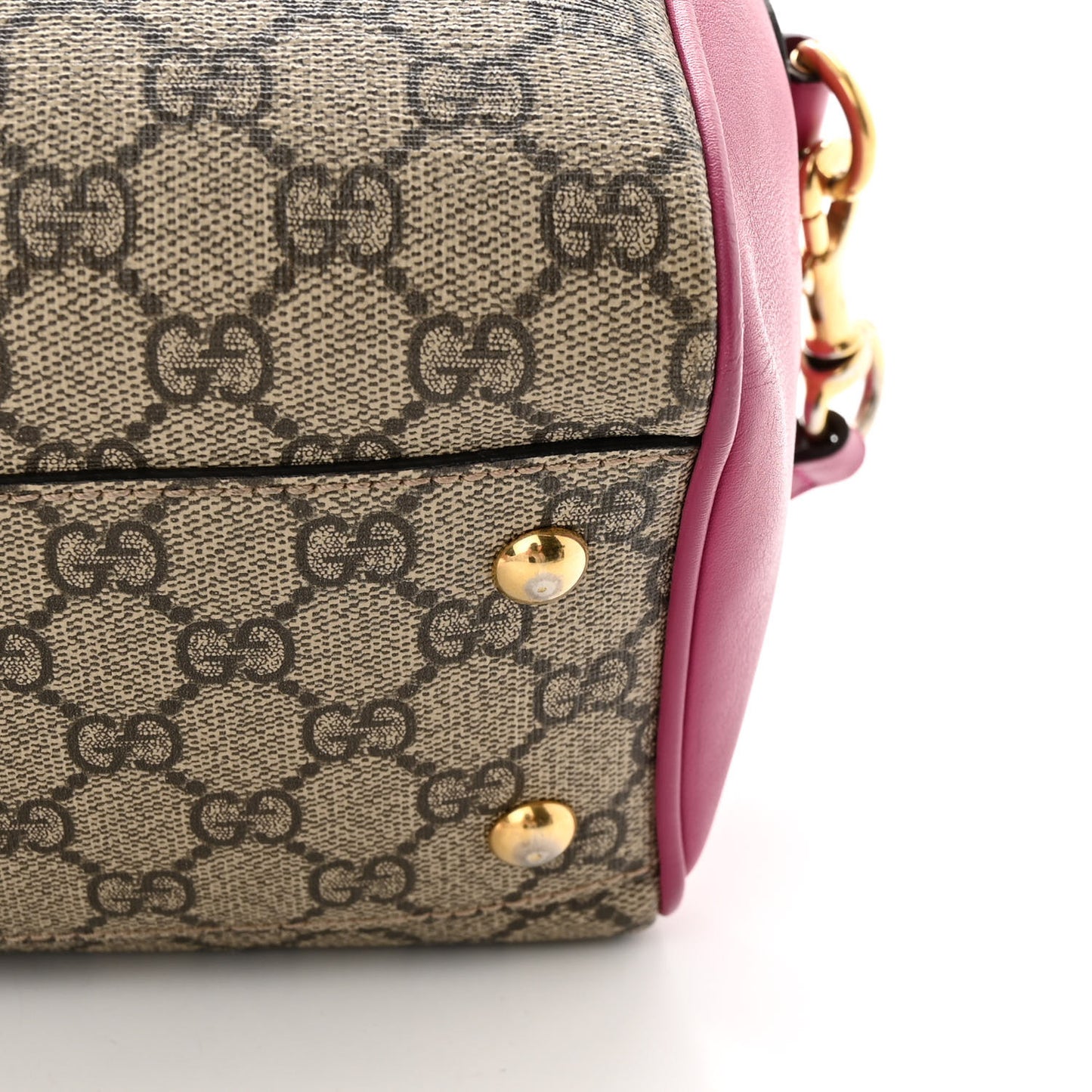 GG Supreme Monogram Moon Calfskin Small Boston Beige Ebony Hibiscus Red New Rosette