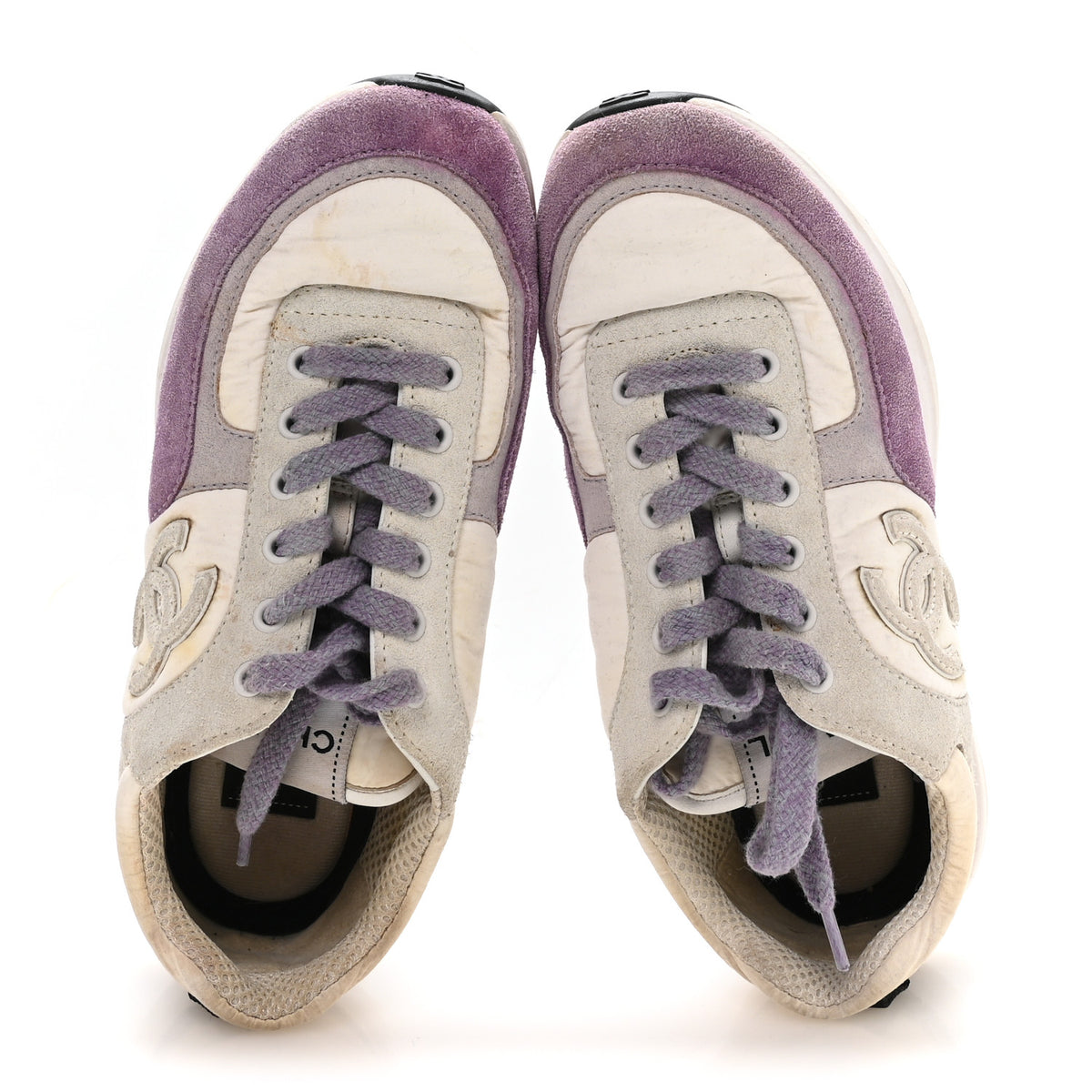 Nylon Calfskin Suede CC Womens Sneakers 36 White Light Grey Purple