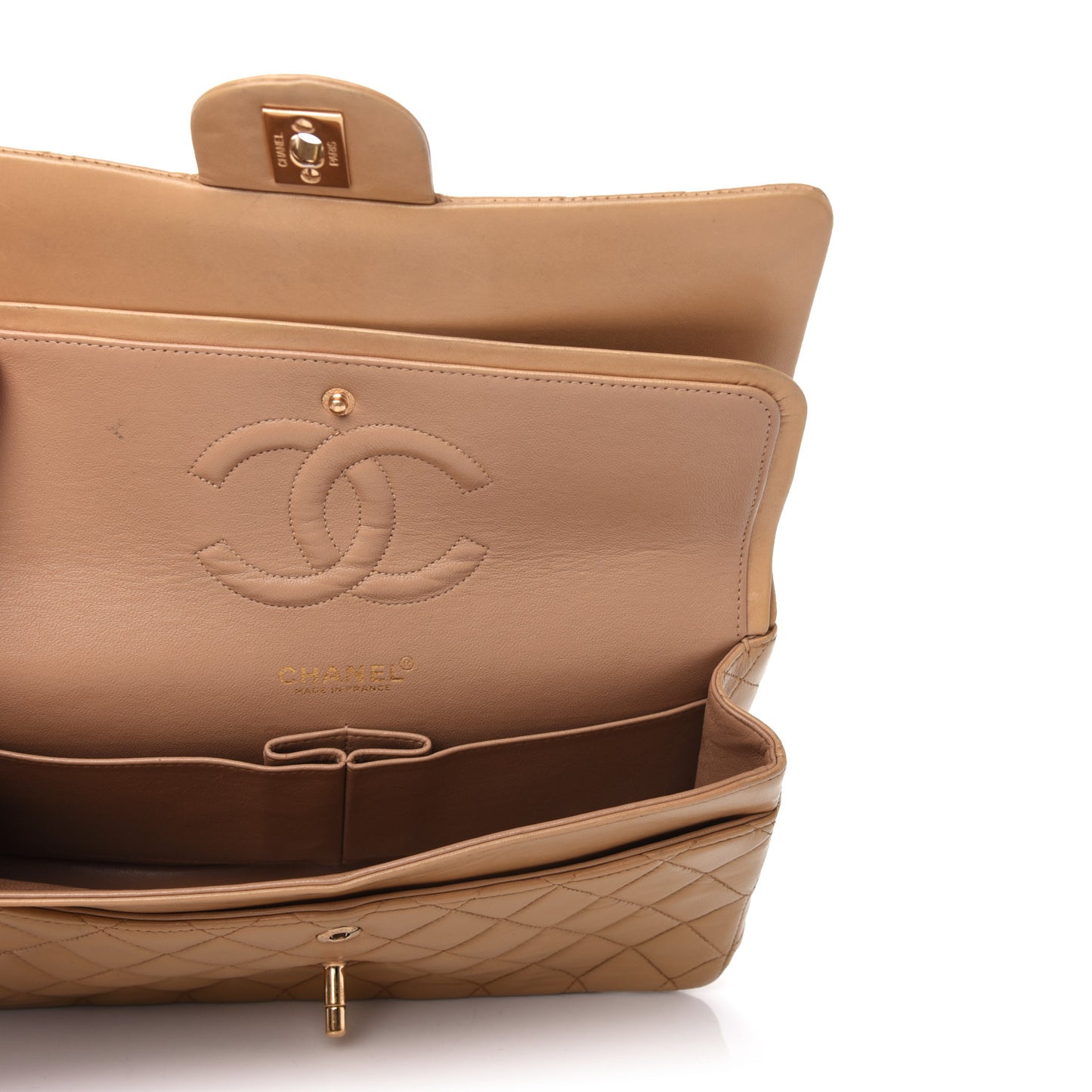 Lambskin Quilted Medium Double Flap Beige