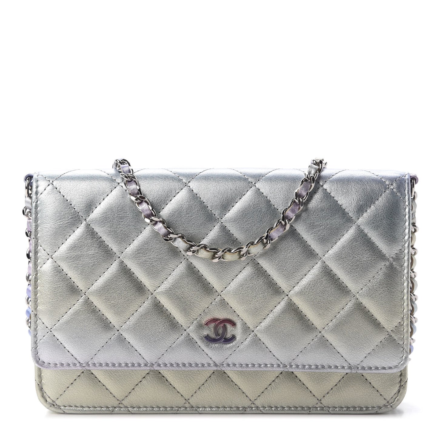 Gradient Metallic Calfskin Quilted Wallet On Chain WOC Silver Blue Yellow Purple