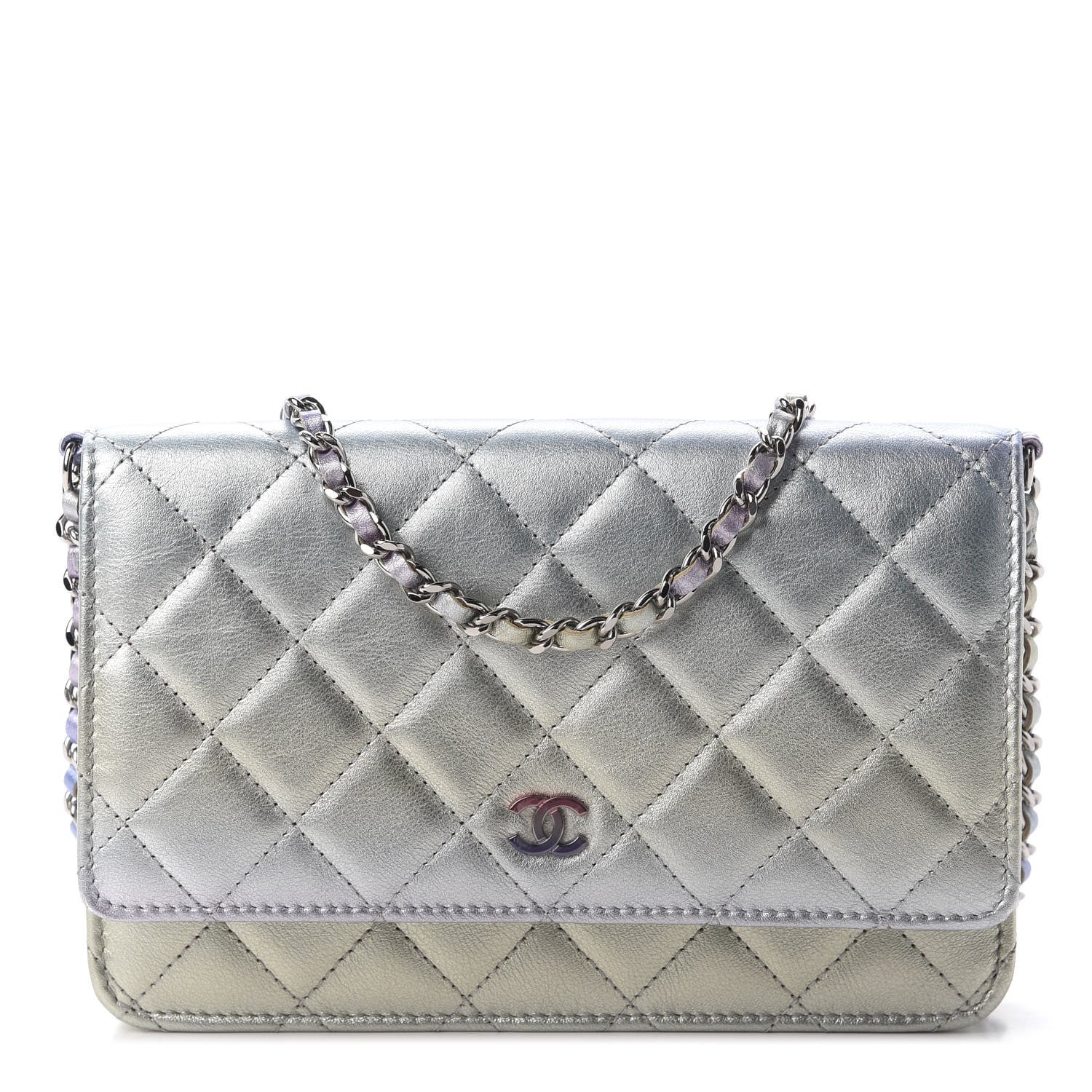 Chanel Gradient Metallic Calfskin Quilted Wallet On Chain WOC Silver Blue Yellow Purple 1 of 8