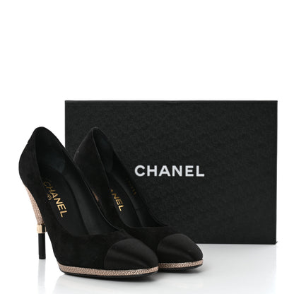 Chanel Suede Calfskin Satin Cap Toe CC Pumps 37 Black 9 of 9
