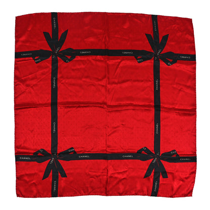 Chanel Silk Logo Ribbon Square Scarf Red Black 1 of 3