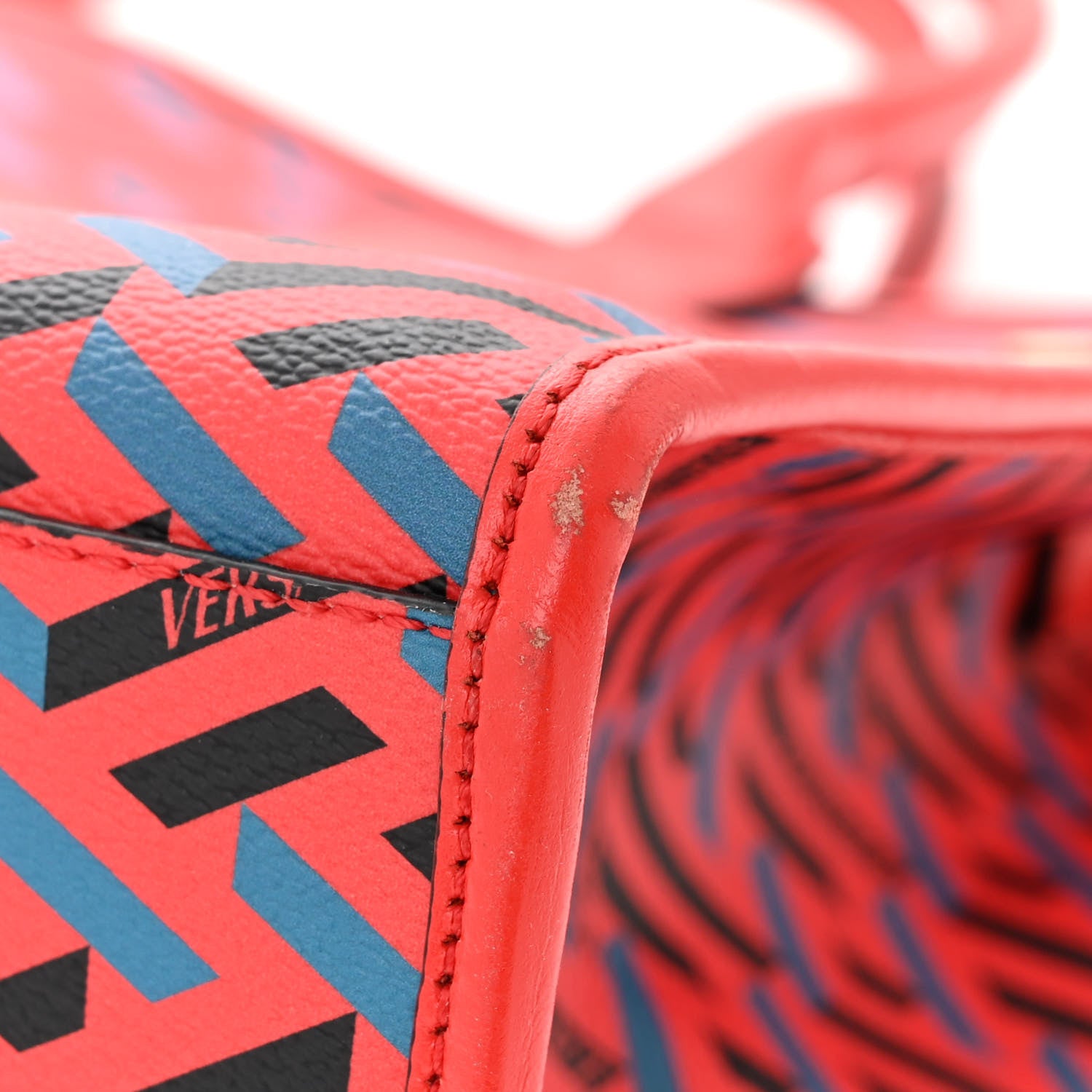 Versace Coated Canvas Calfskin La Greca Signature Tote Bag Blue Red 10 of 14