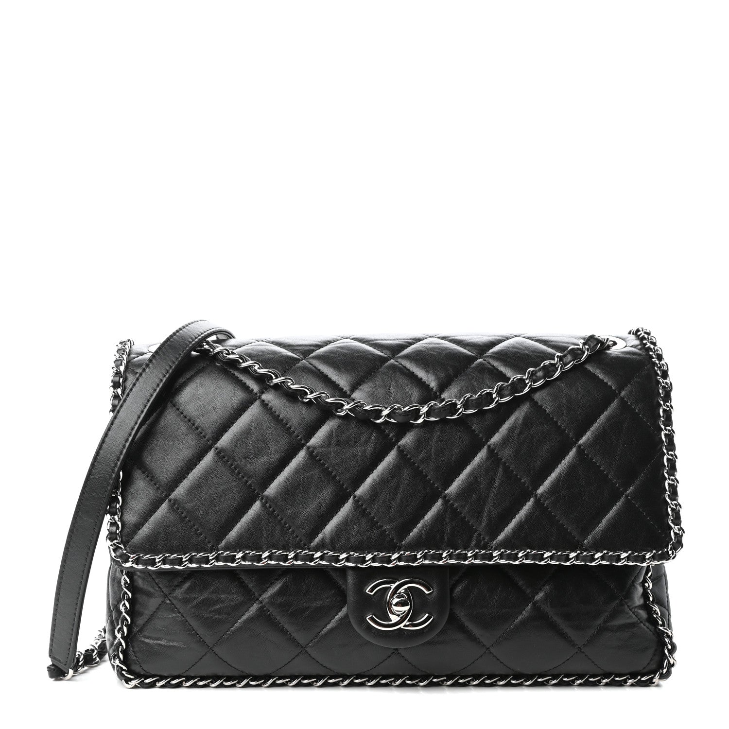 Chanel Crumpled Calfskin Quilted Large Chain All Over Flap Bag Black 1 of 9
