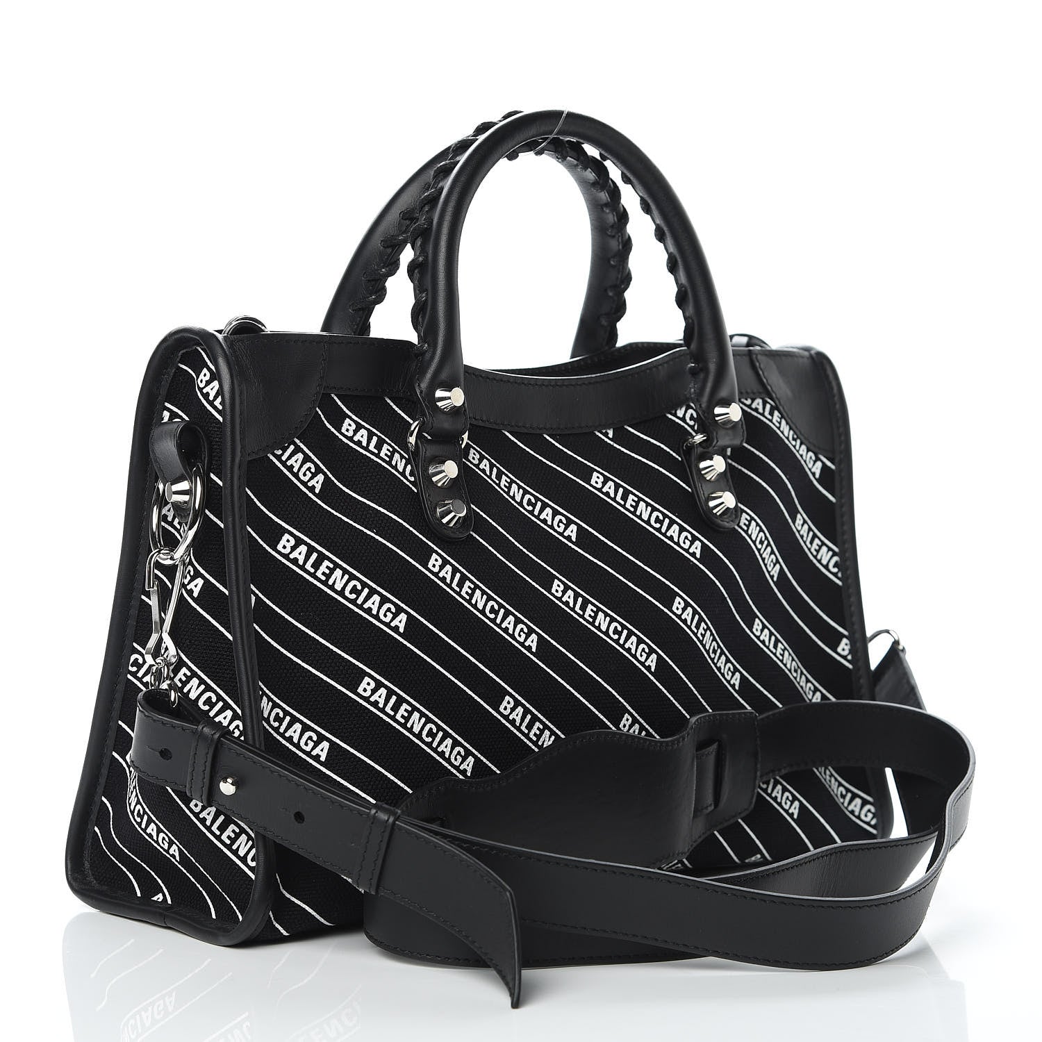 Balenciaga Canvas Satin Calfskin Diagonal Allover Logo Print Classic Silver Hardware S City Black White 3 of 8