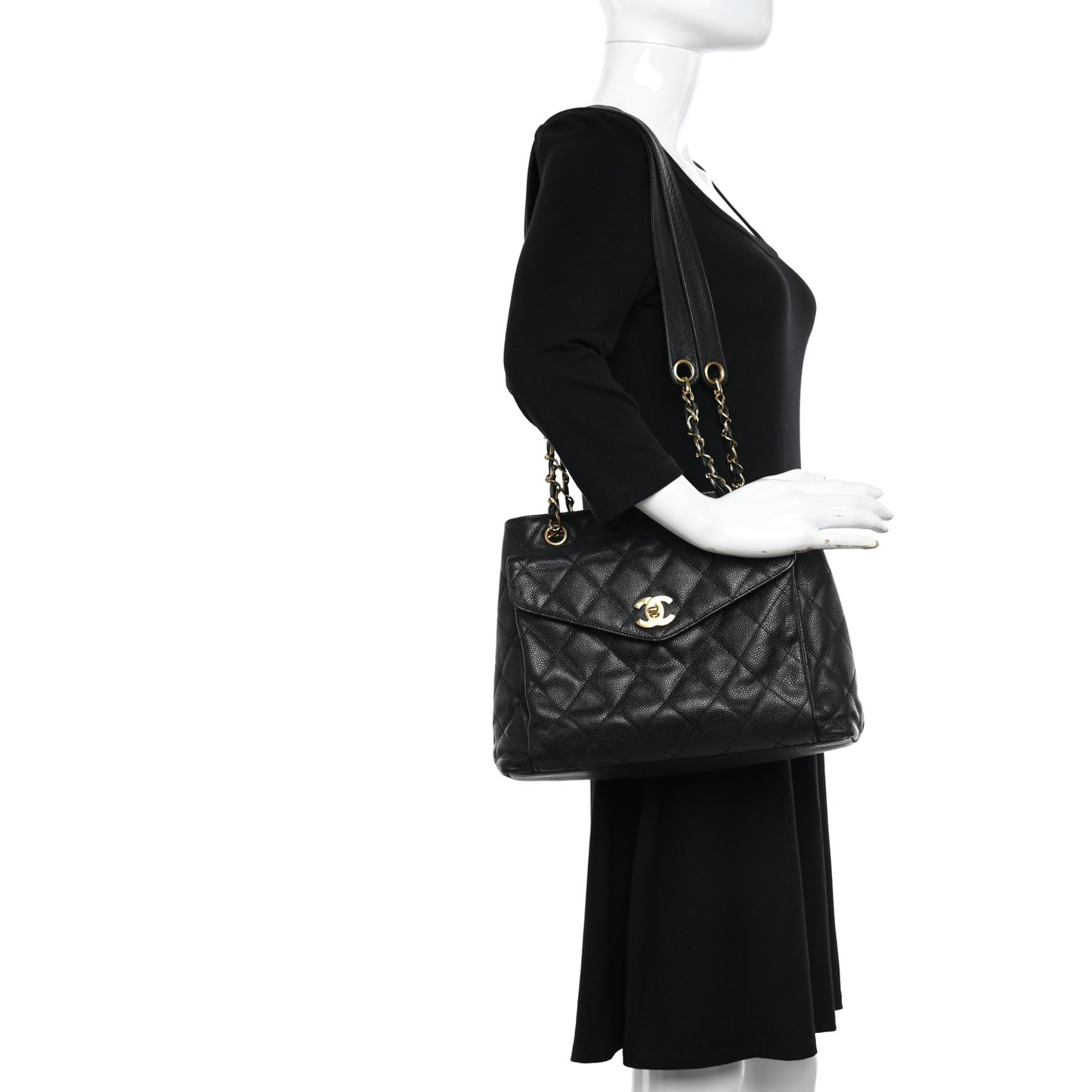 Caviar Quilted Pocket Shopping Tote Black