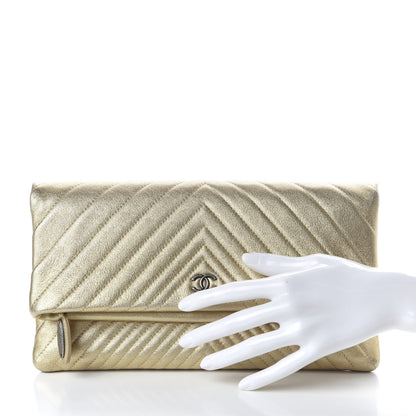 Chanel Metallic Calfskin Chevron Quilted CC Beauty Clutch Gold 2 of 10