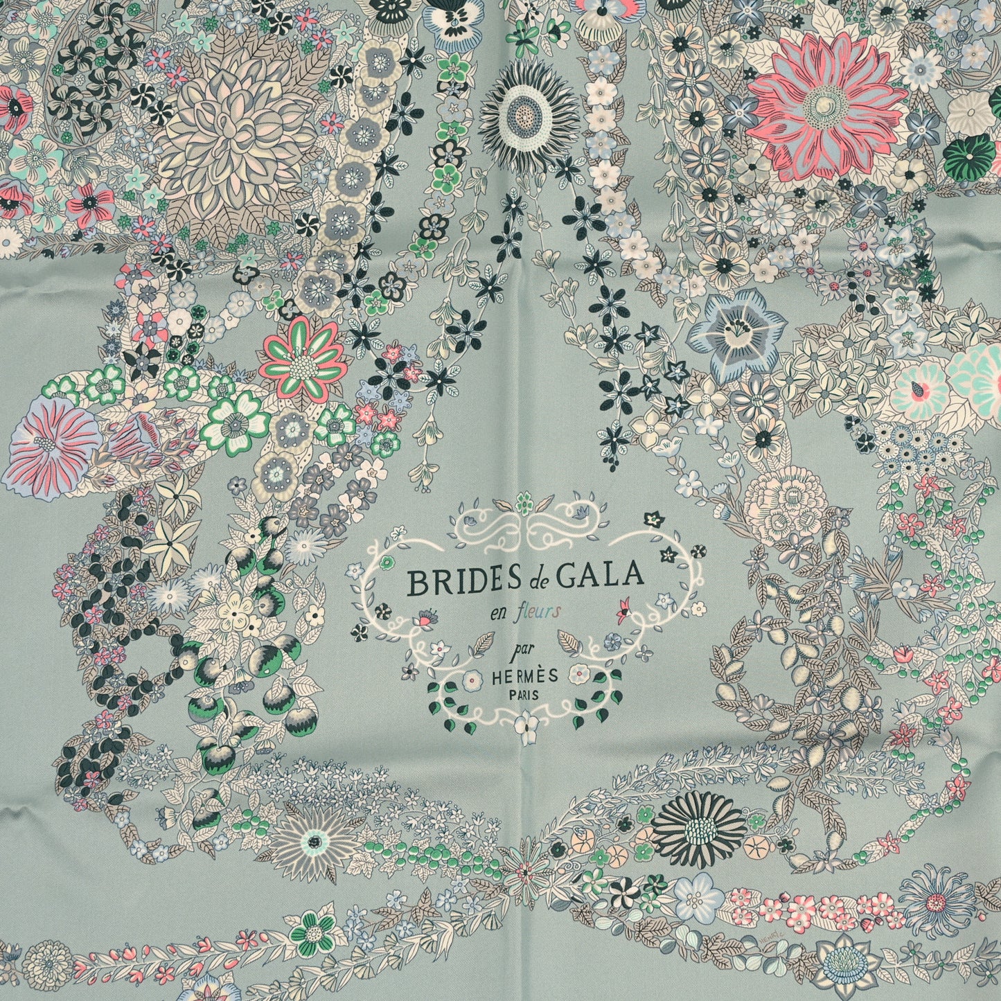 Silk Brides De Gala En Fleurs Scarf 90 White Bleu Glacier Vert