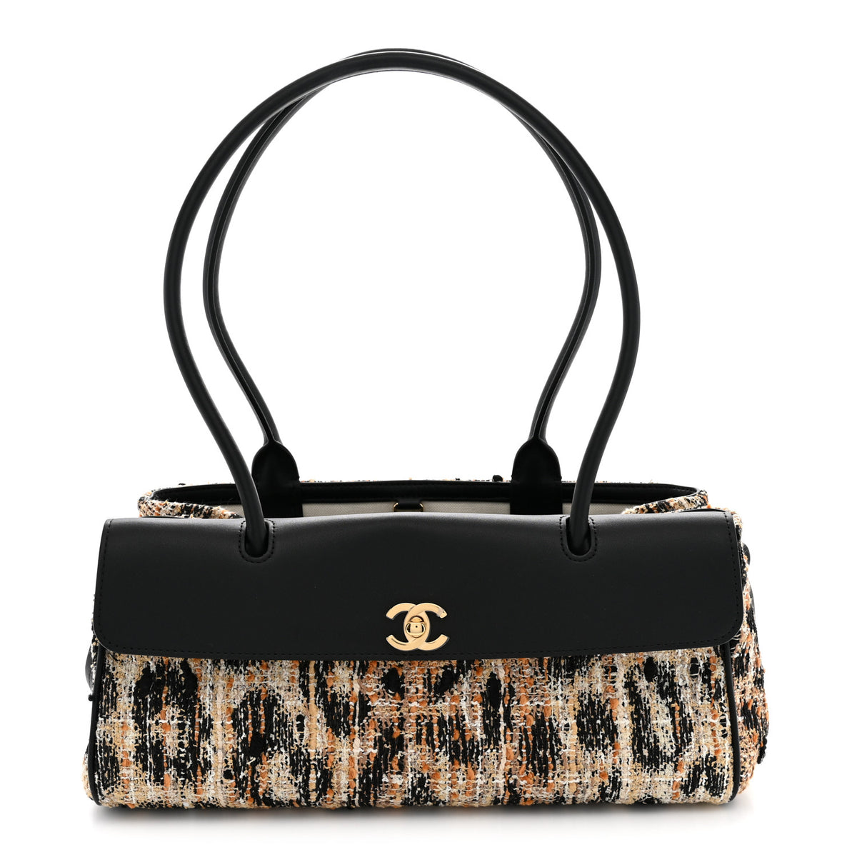 Calfskin Tweed Mixed Fibers Leopard Print Urban Essentials Small Shopping Bag Brown Black White