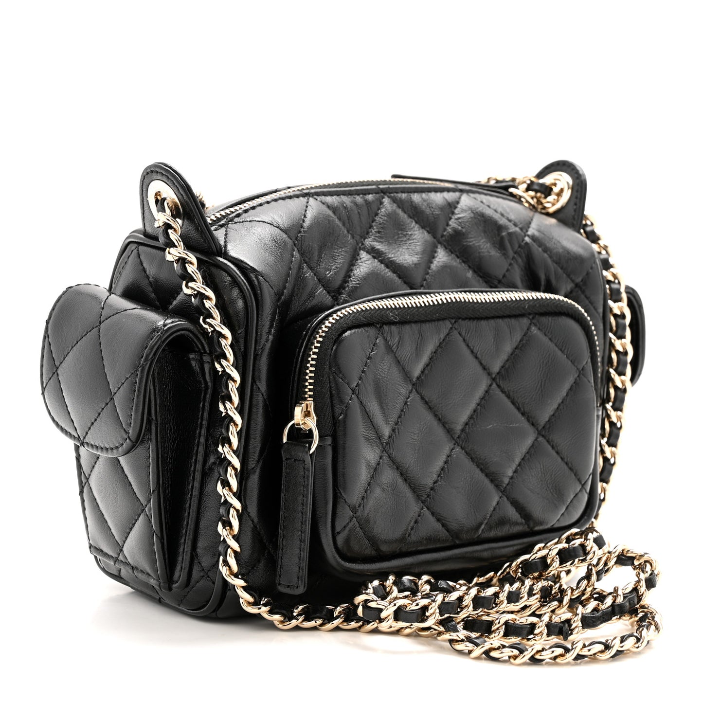 Shiny Crumpled Lambskin Quilted Small Preppy Pocket Camera Case Black
