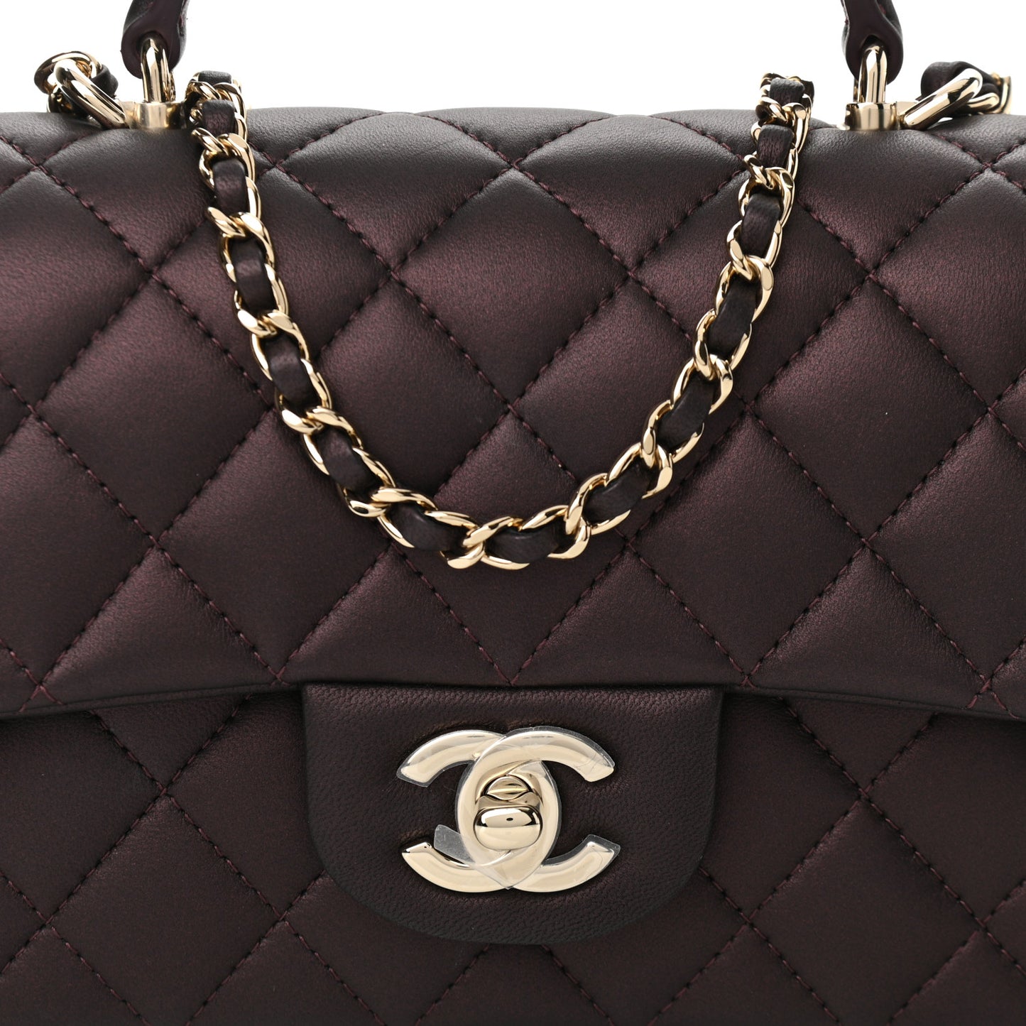 Iridescent Lambskin Quilted Mini Top Handle Rectangular Flap Burgundy