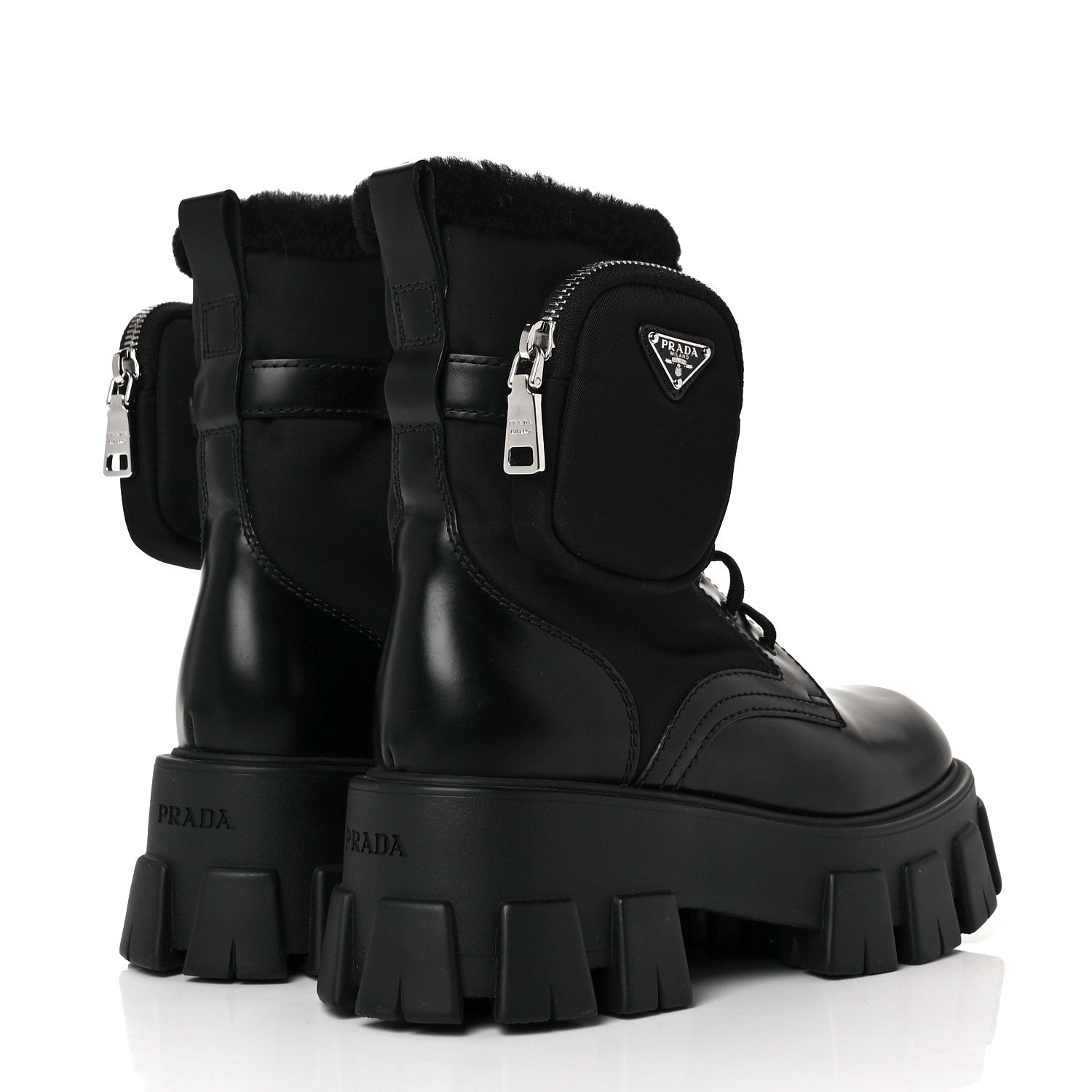 Prada Spazzolato Rois Nylon Shearling Metal Triangle Logo Monolith Pouch Pocket 55mm Boots 36.5 Black 4 of 8