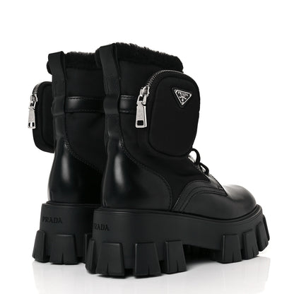 Prada Spazzolato Rois Nylon Shearling Metal Triangle Logo Monolith Pouch Pocket 55mm Boots 36.5 Black 4 of 8