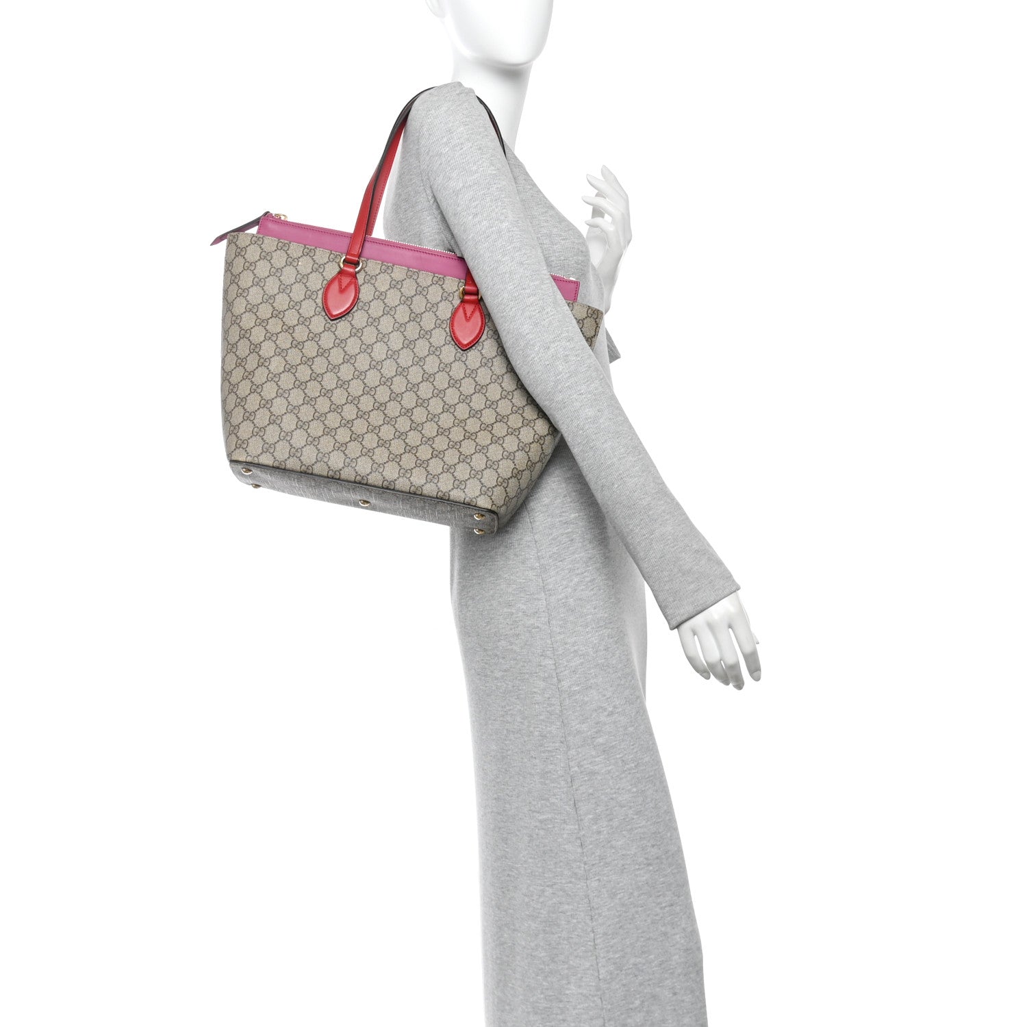 Gucci GG Supreme Monogram Medium Zippered Bucket Tote Beige Hibiscus Red New Rosette 2 of 12