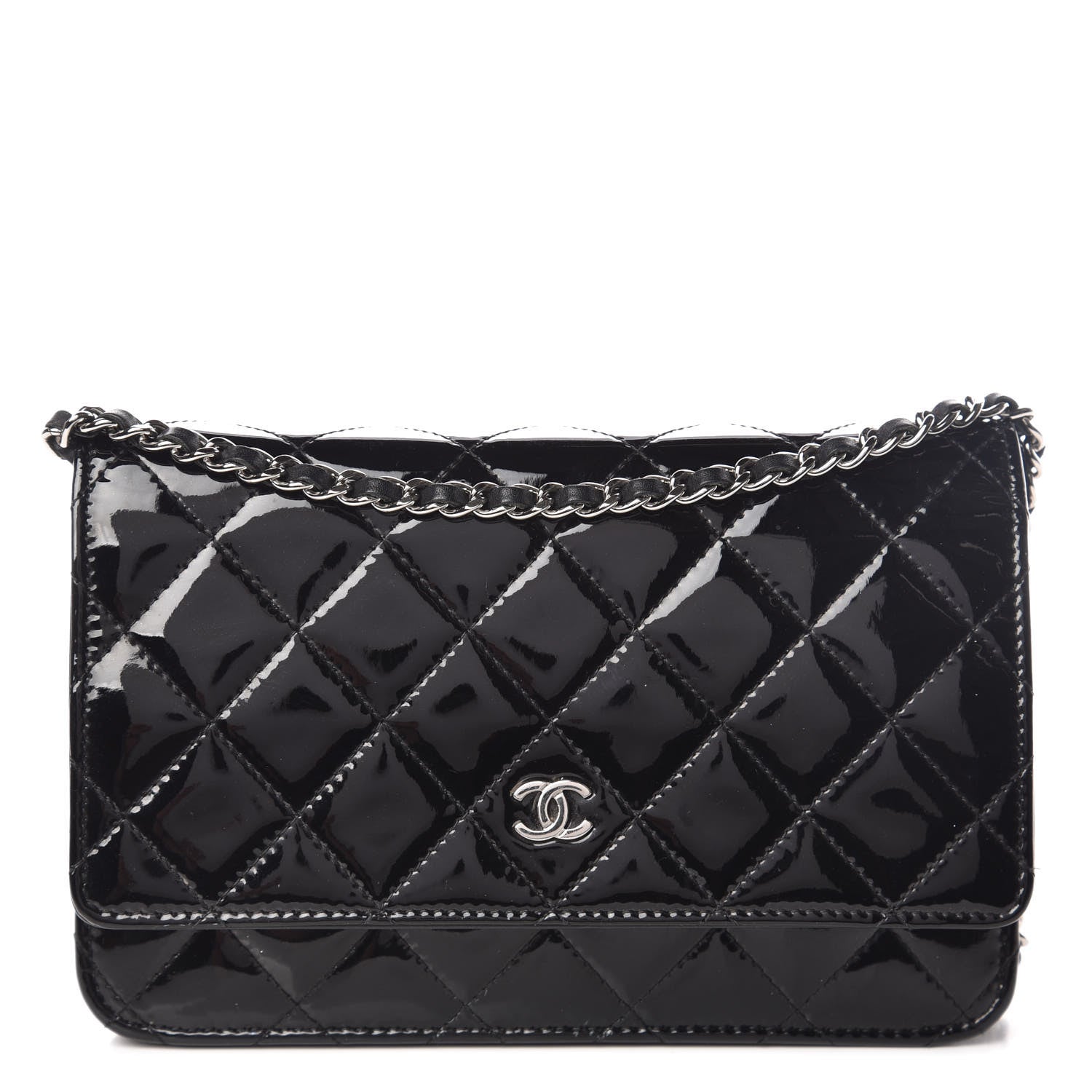Chanel Patent Quilted Wallet On Chain WOC Black 1 of 14
