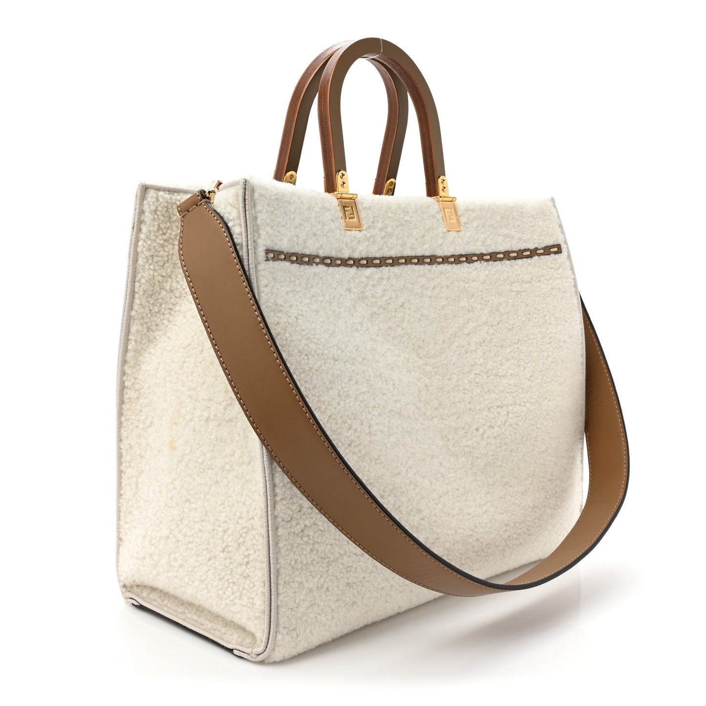 Shearling Vitello King Logo Medium Fendi Sunshine Shopper Tote White