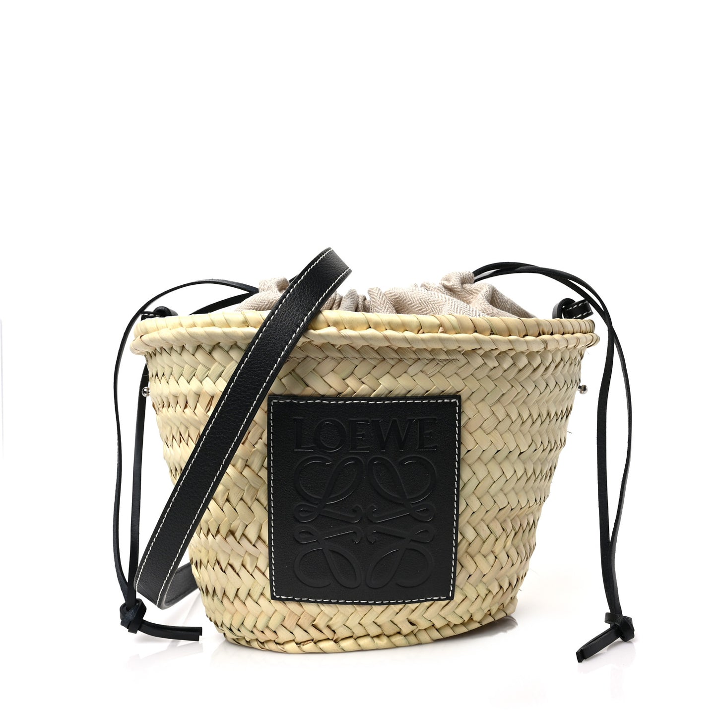 Leaf Palm Calfskin Drawstring Bucket Bag Natural Black