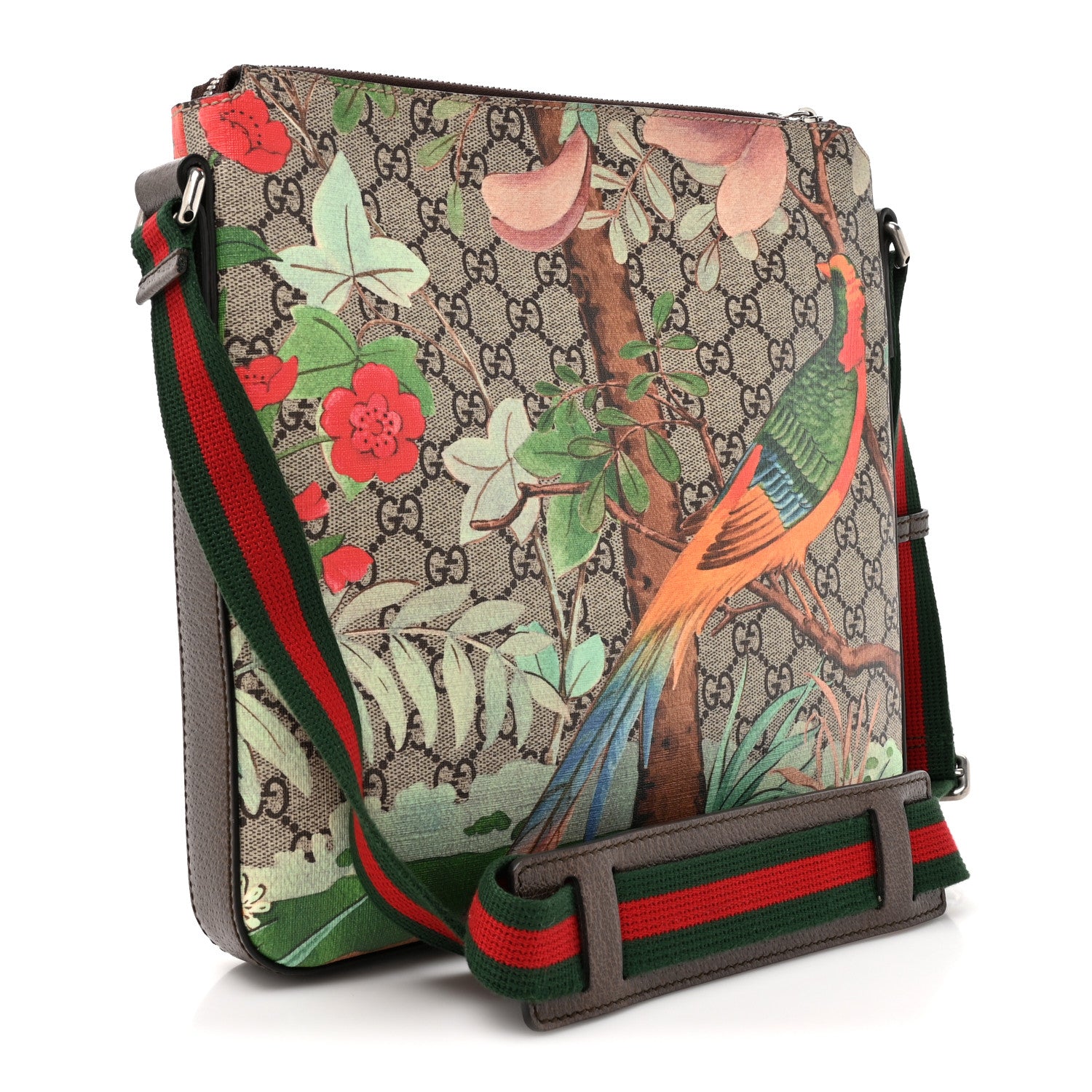 Gucci GG Supreme Monogram Tian Web Medium Flat Messenger Beige Multicolor New Acero 3 of 15